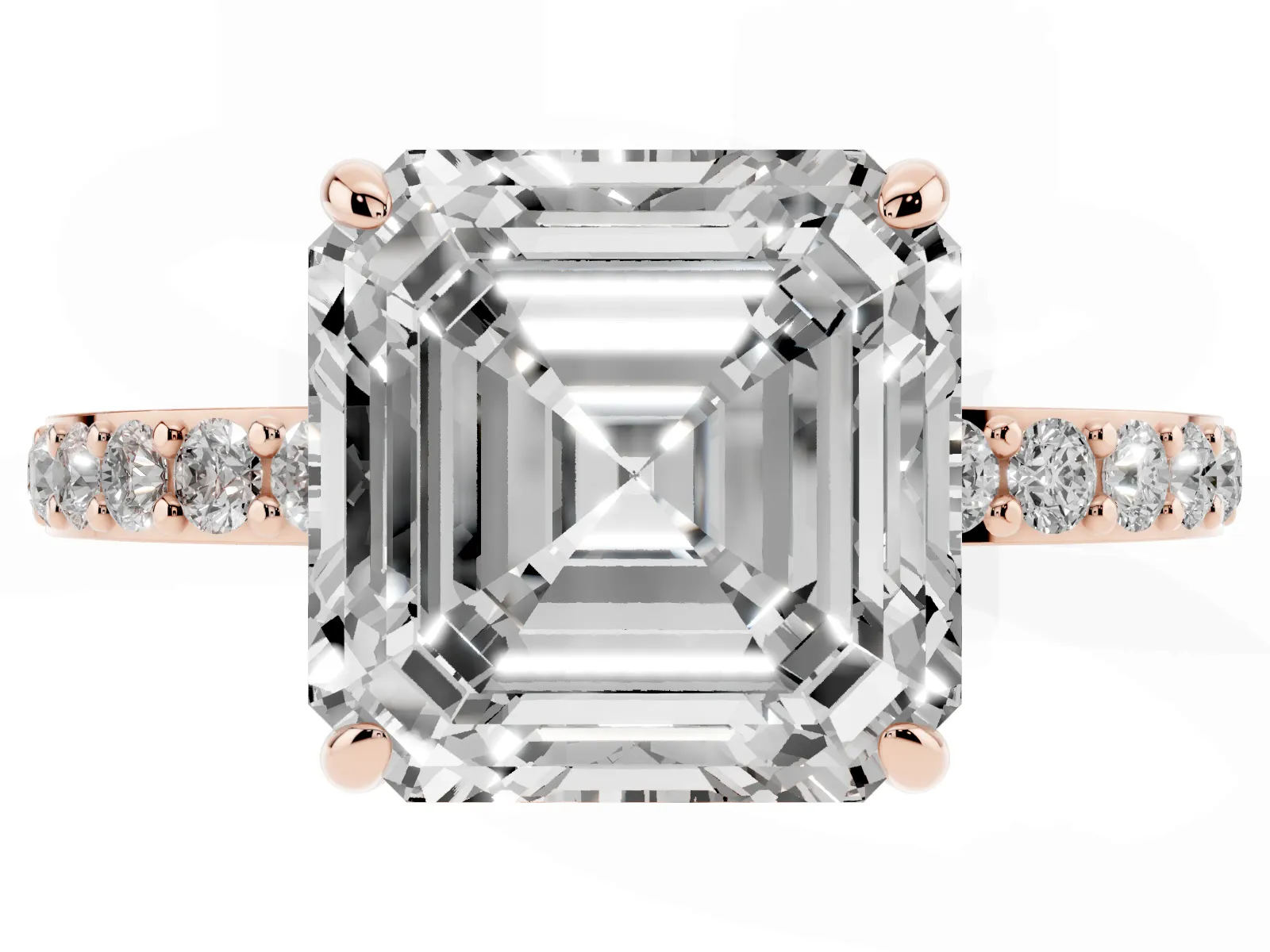 Asscher Cut Diamond Solitaire Engagement Ring with Pavé Band and Four-Prong Setting Rose gold