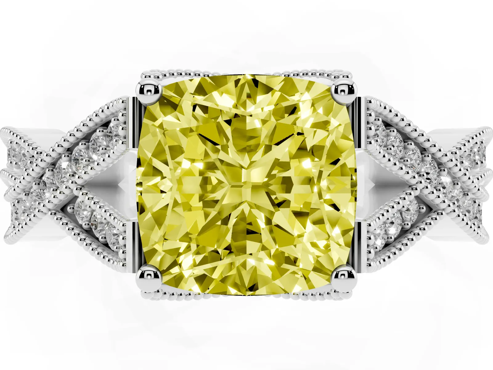 Fancy Yellow Cushion Cut Cut Diamond Twisted Band with Milgrain Pave Setting and Four-Prong Setting Platinum