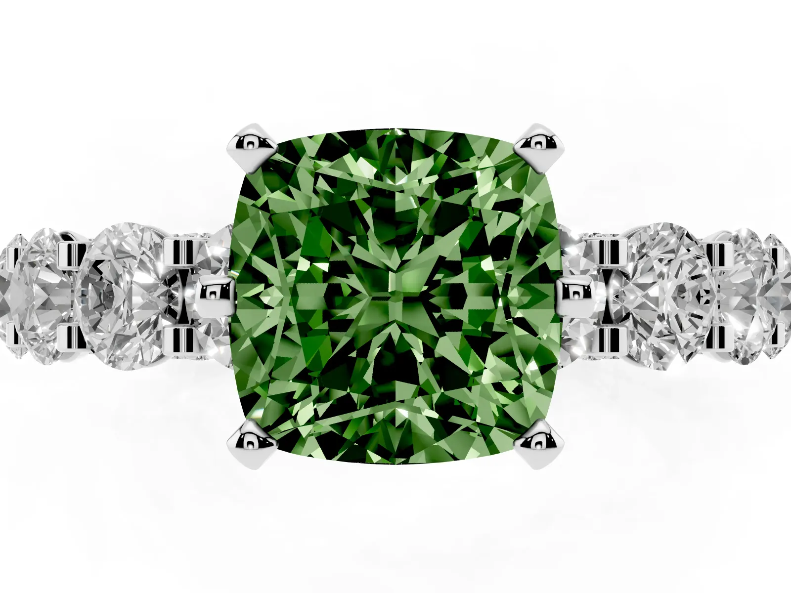 Fancy Green Cushion Cut Diamond Side Stone Engagement Ring with Four-Prong Setting White gold