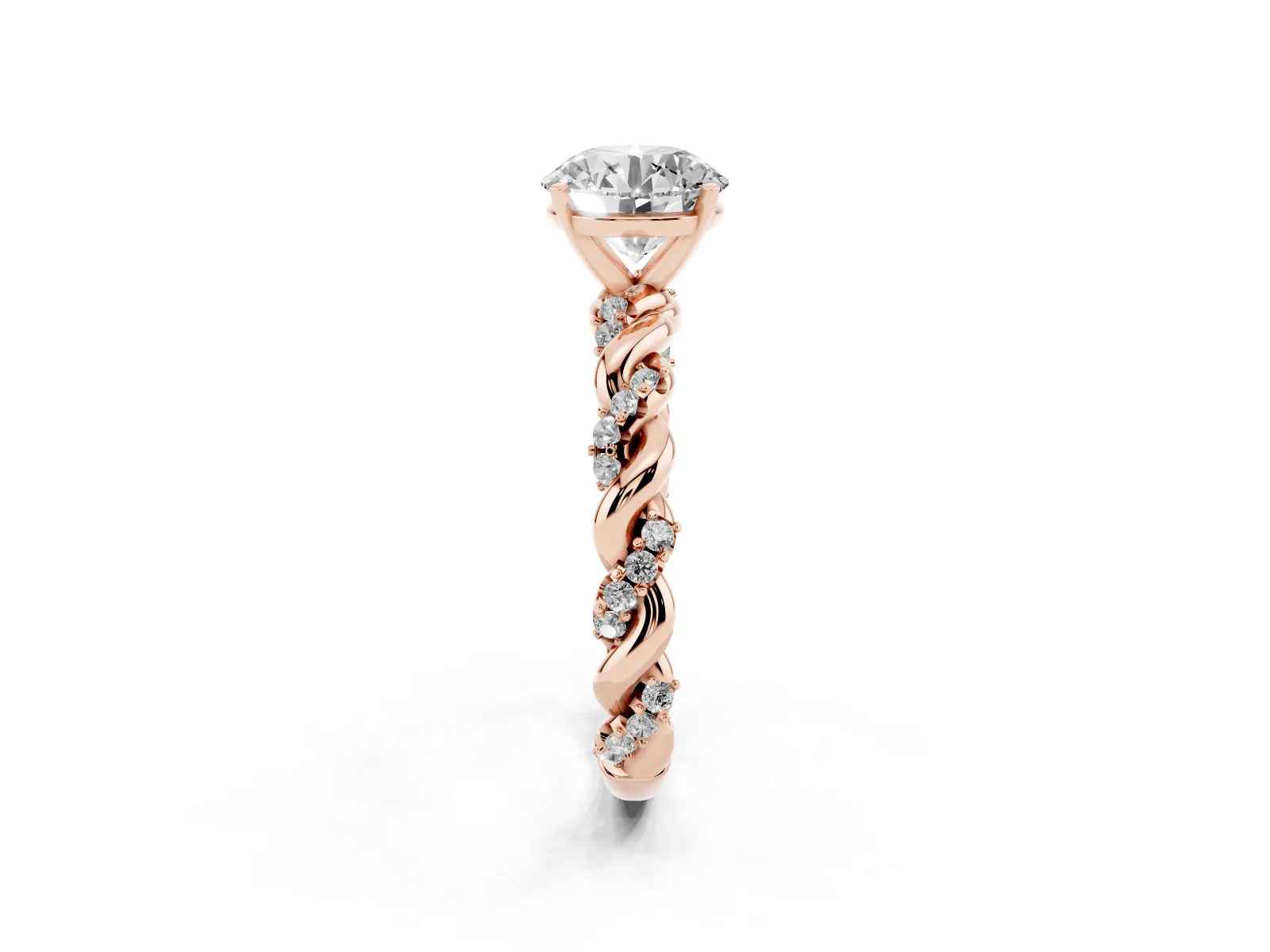 Round Cut Diamond Solitaire Ring with Twisted Band and Pavé Accents Rose gold