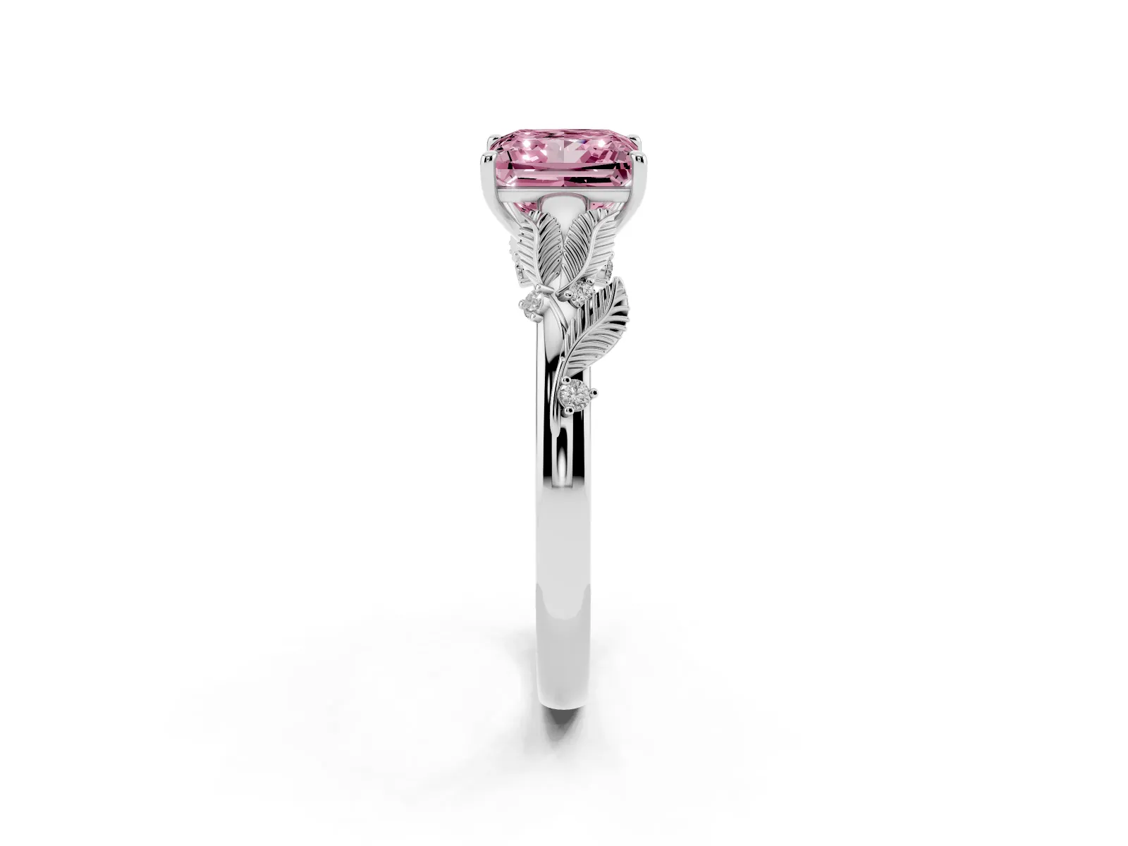 Fancy Pink Princess Cut Diamond Solitaire Ring with Leaf Motif Band and Four-Prong Setting Platinum