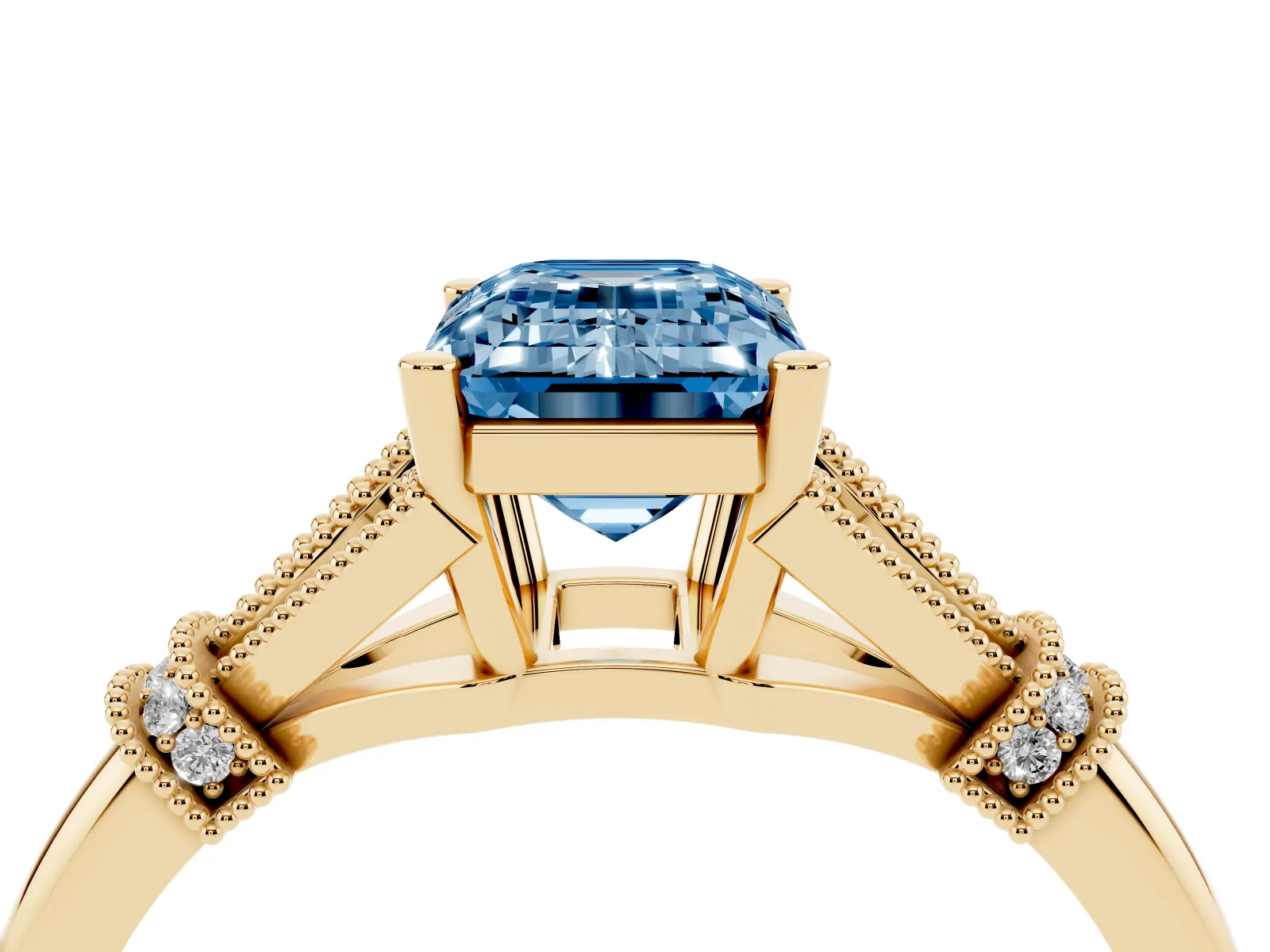 Fancy Blue Emerald Cut Diamond Solitaire Ring with Floral Filigree and Pave Accents Yellow gold