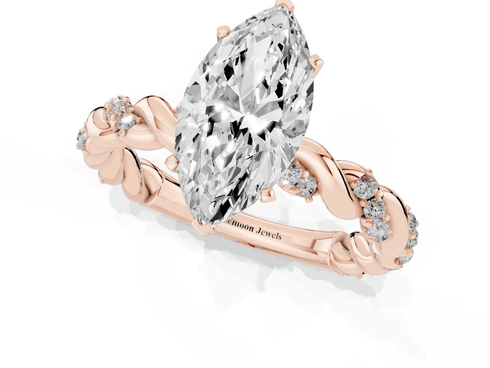 Marquise Cut Diamond Solitaire Ring with Twisted Band and Pavé Accents Rose gold
