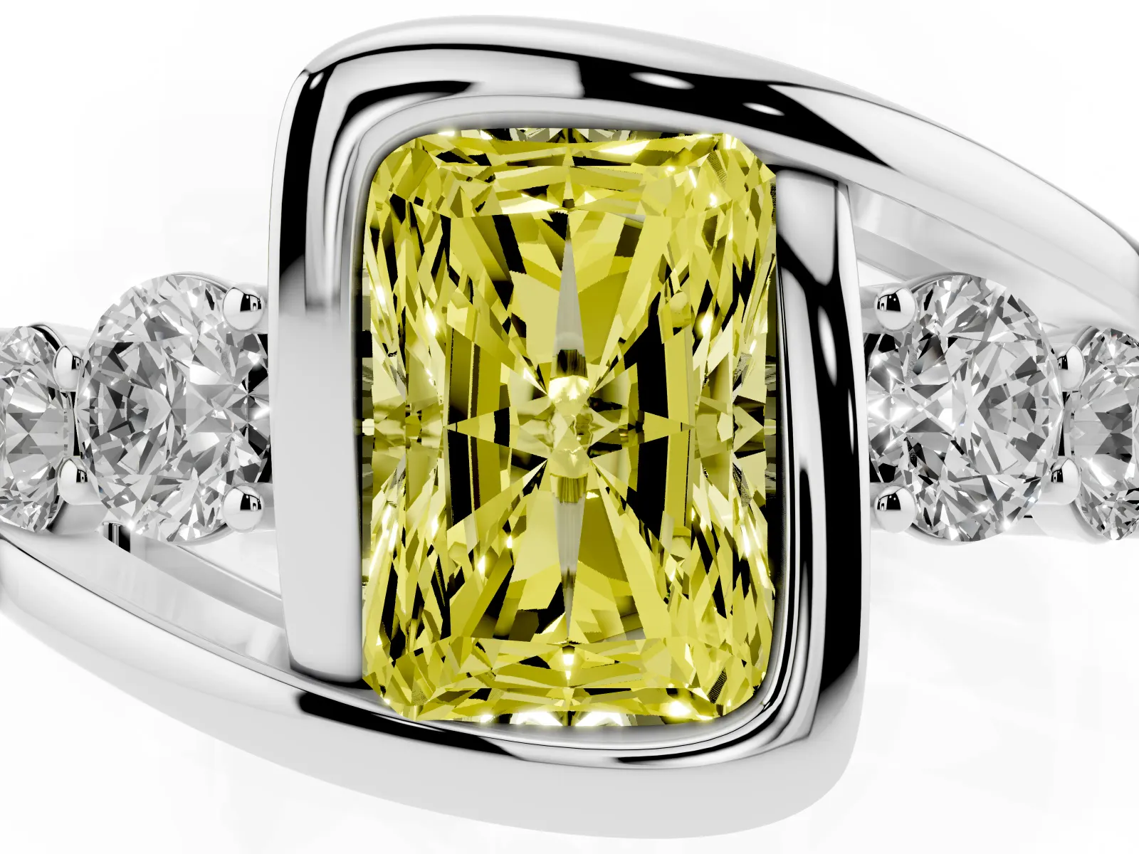 Fancy Yellow Bezel Set Radiant Cut Diamond Bypass Ring with Round Accents White gold