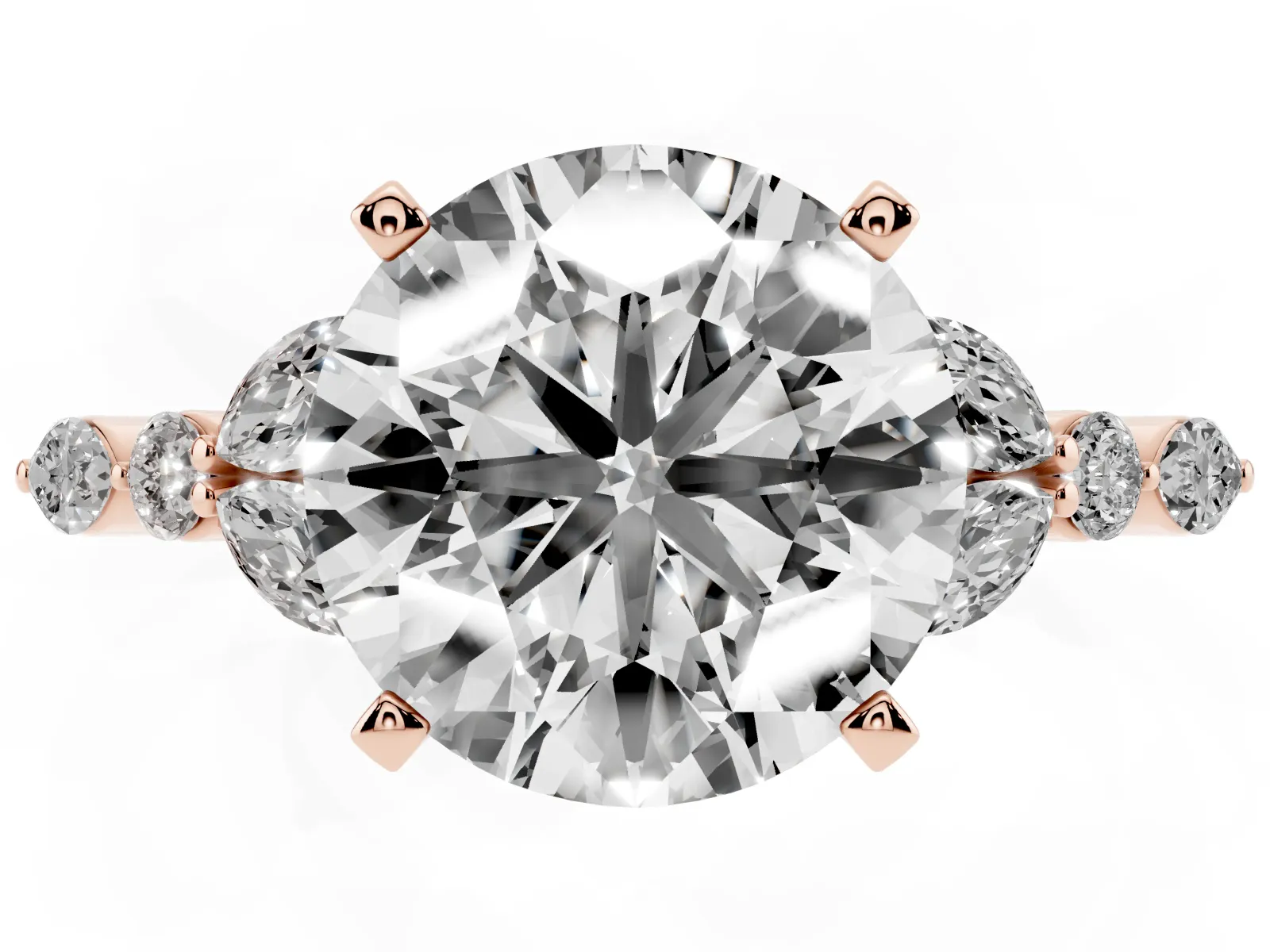 Round Cut Diamond Solitaire Ring with Side Stones and Four-Prong Setting Rose gold