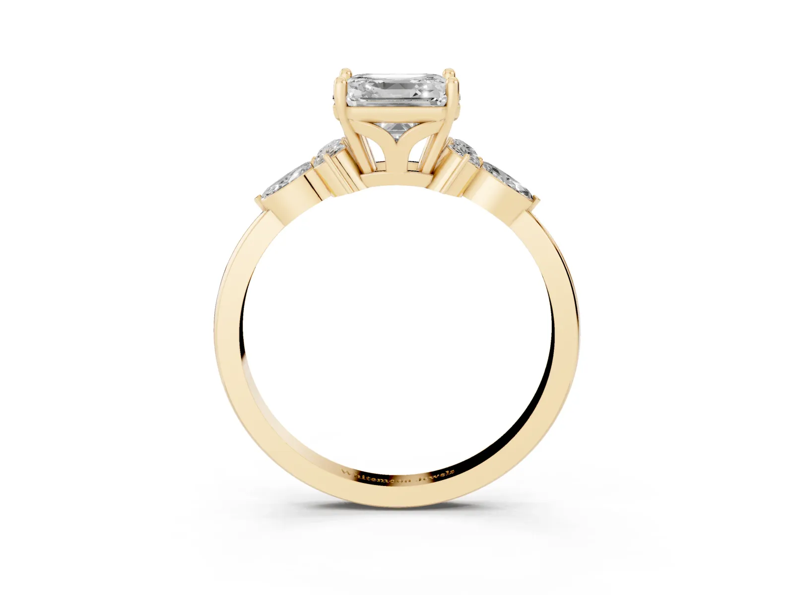 Asscher Cut Brilliant Diamond Solitaire Ring with Pear Side Stones and Four-Prong Setting Yellow gold
