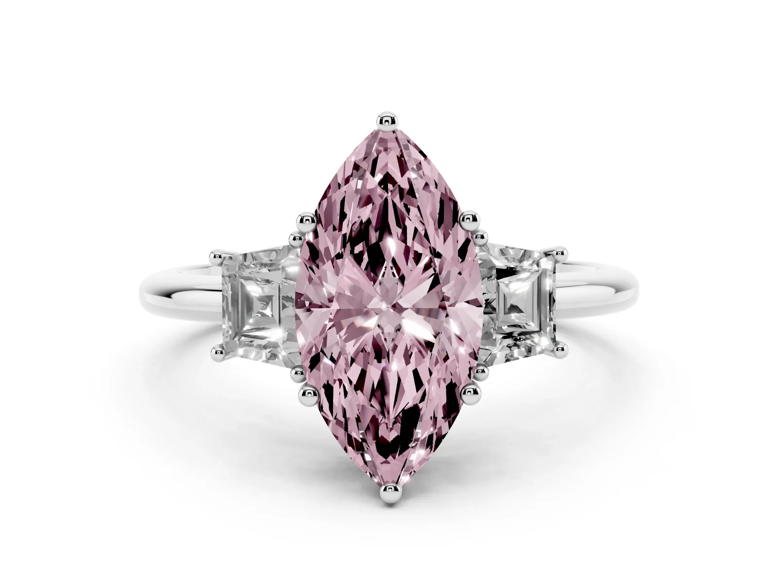 Fancy Pink Marquise Cut Diamond Three-Stone Ring with Trapezoid Side Stones and Prong Setting Platinum
