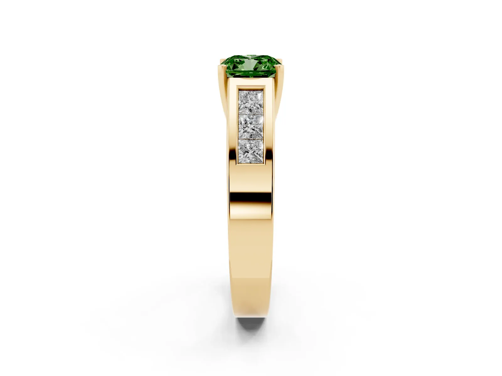 Fancy Green Cushion Cut Cut Channel Set Solitaire Ring with Four-Prong Setting Yellow gold