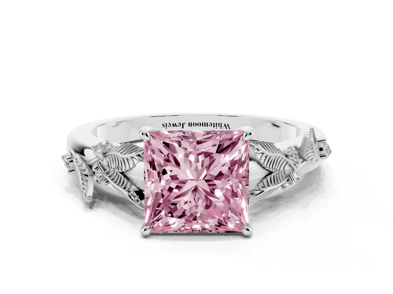 Fancy Pink Princess Cut Diamond Solitaire Ring with Leaf Motif Band and Four-Prong Setting Platinum