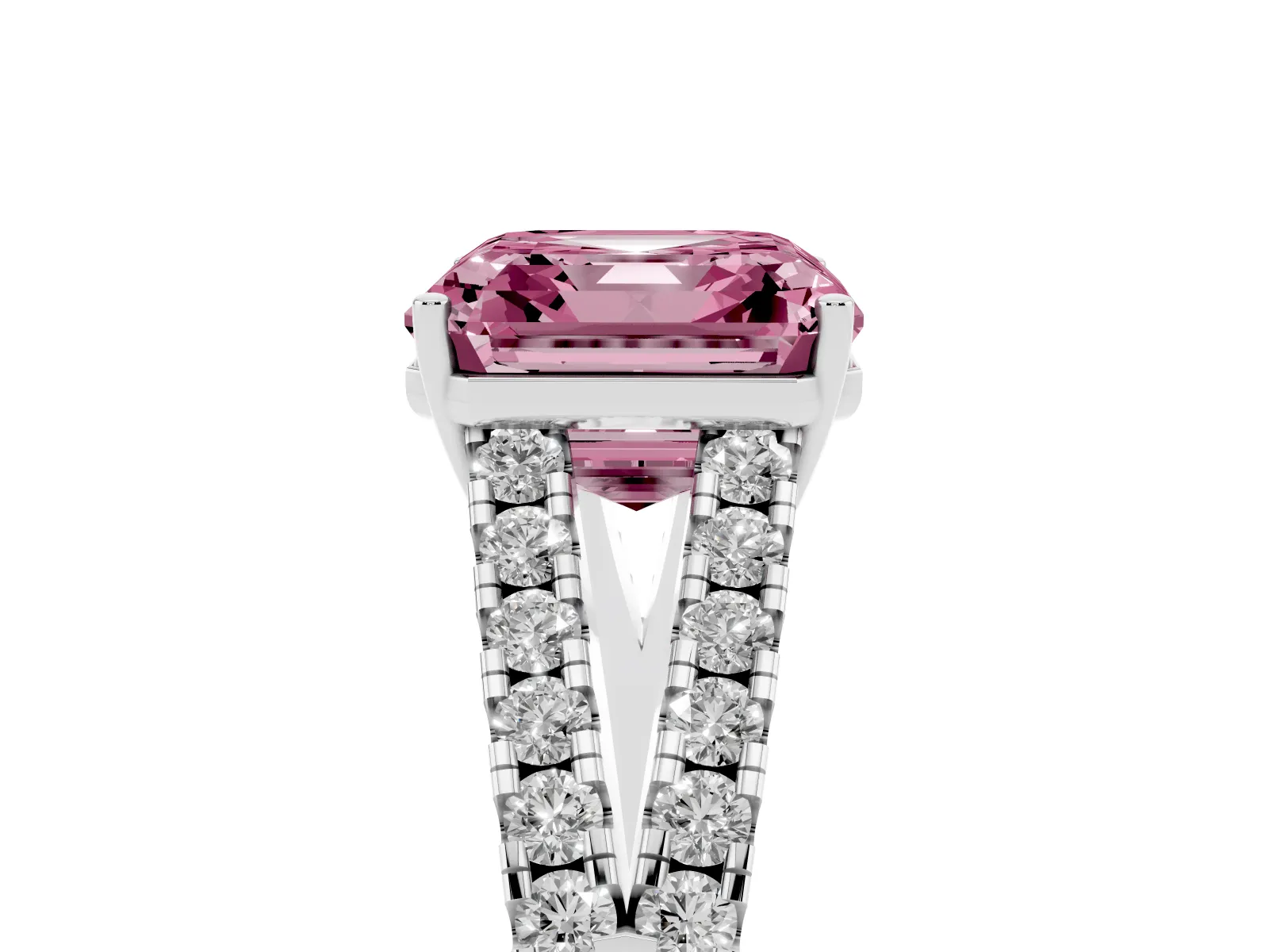Fancy Pink Asscher Cut Diamond Split Shank Engagement Ring with Round Pavé and Prong Setting White gold