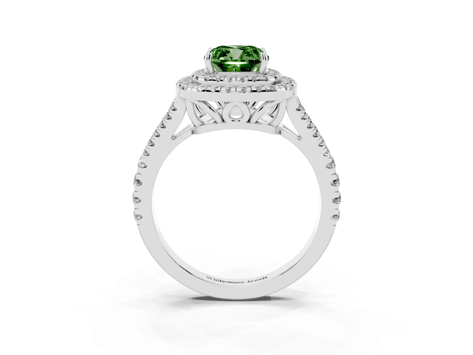 Fancy Green Cushion Cut Diamond Double Halo Ring with Pavé Band and Prong Setting Platinum