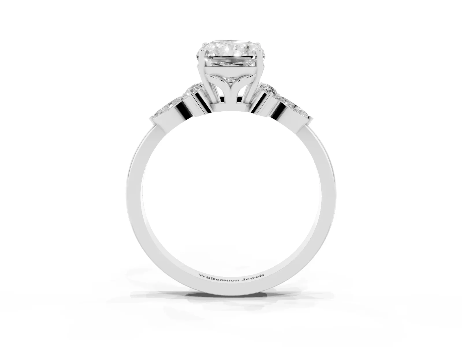 Radiant Cut Brilliant Diamond Solitaire Ring with Pear Side Stones and Four-Prong Setting White gold