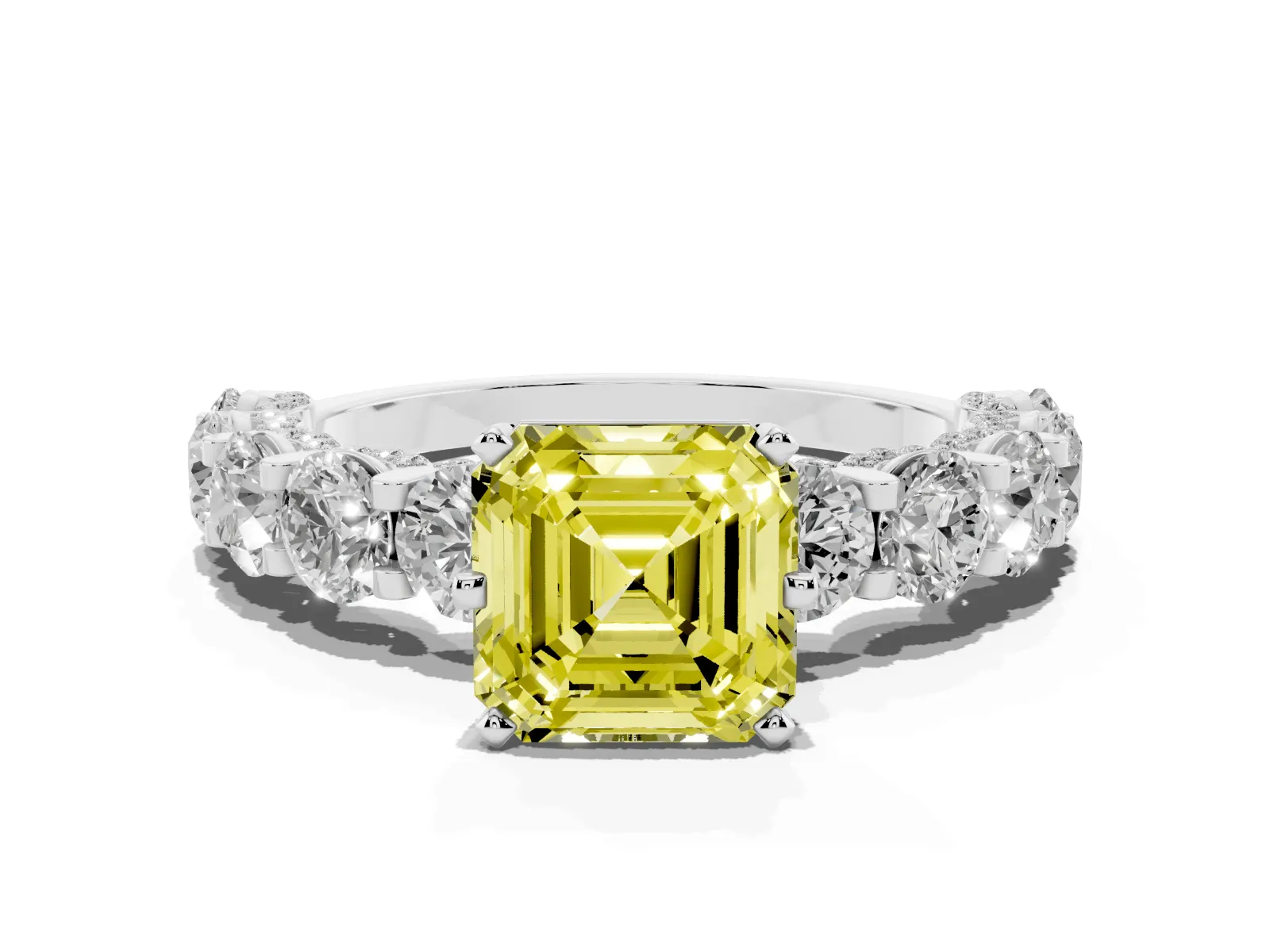 Fancy Yellow Asscher Cut Diamond Side Stone Engagement Ring with Four-Prong Setting White gold