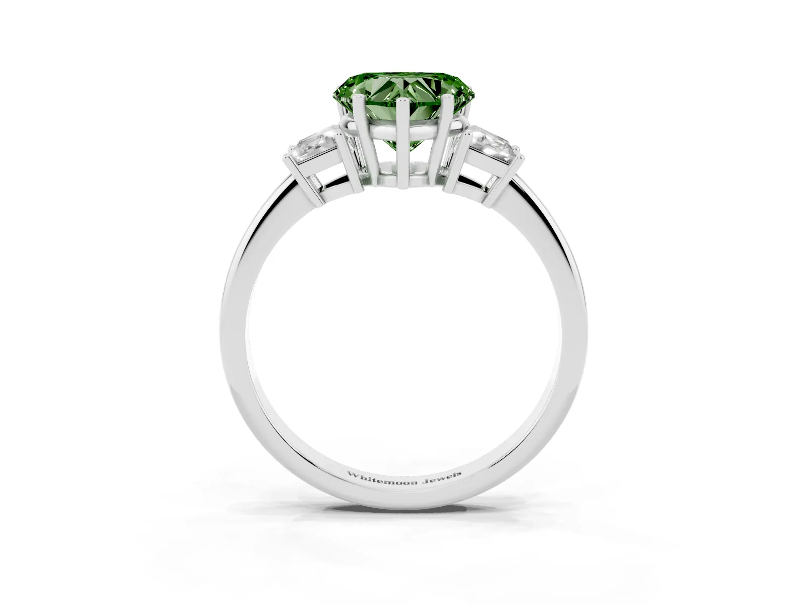 Fancy Green Heart Cut Diamond Three-Stone Ring with Trapezoid Side Stones and Prong Setting White gold