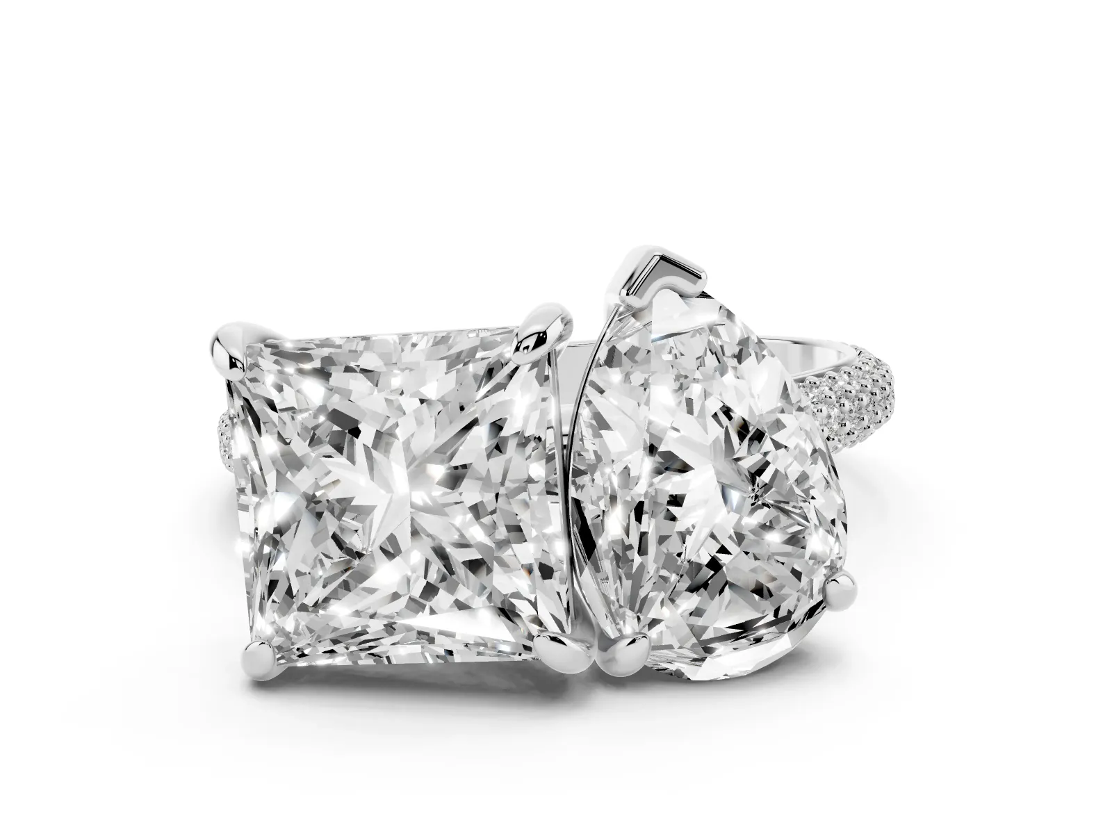 Pear and Princess Toi Moi Ring with Prong Setting and Pave Band Platinum