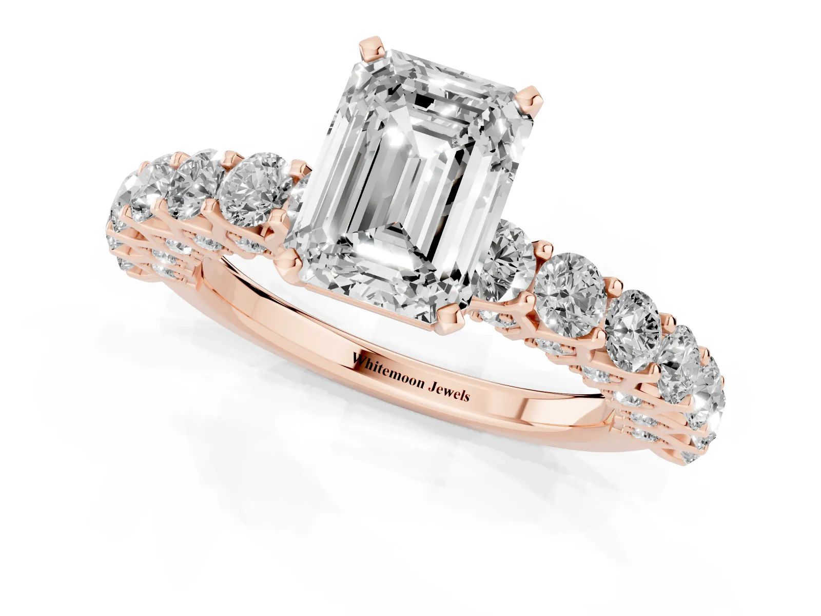 Emerald Cut Diamond Solitaire Ring with Shared Prong Pavé Band and Four-Prong Setting Rose gold