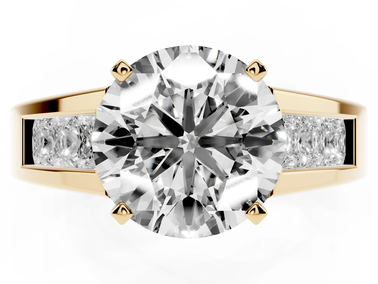 Round Cut Cut Channel Set Solitaire Ring with Four-Prong Setting Yellow gold