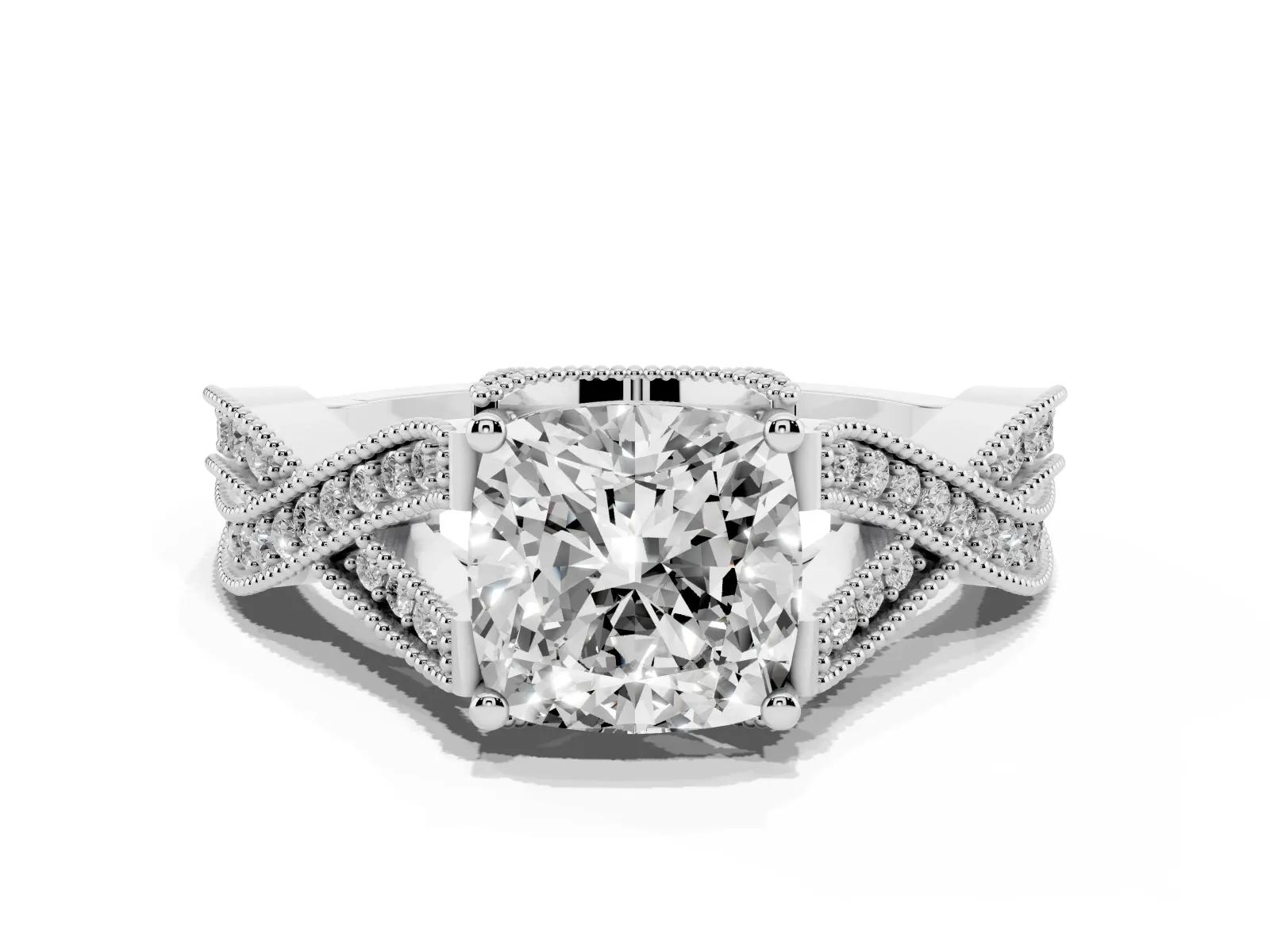 Cushion Cut Cut Diamond Twisted Band with Milgrain Pave Setting and Four-Prong Setting Platinum