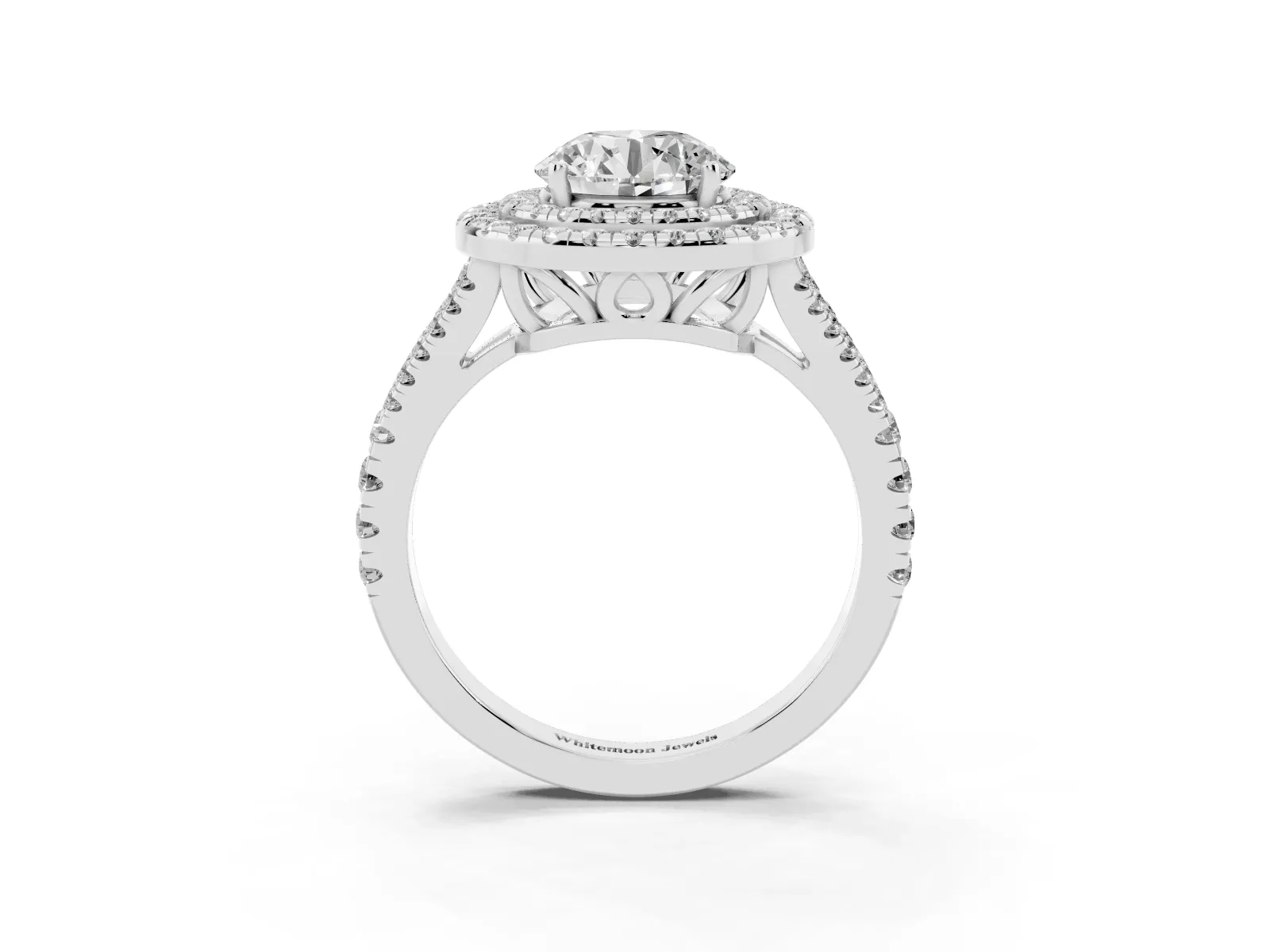 Round Cut Diamond Double Halo Ring with Pavé Band and Prong Setting Platinum