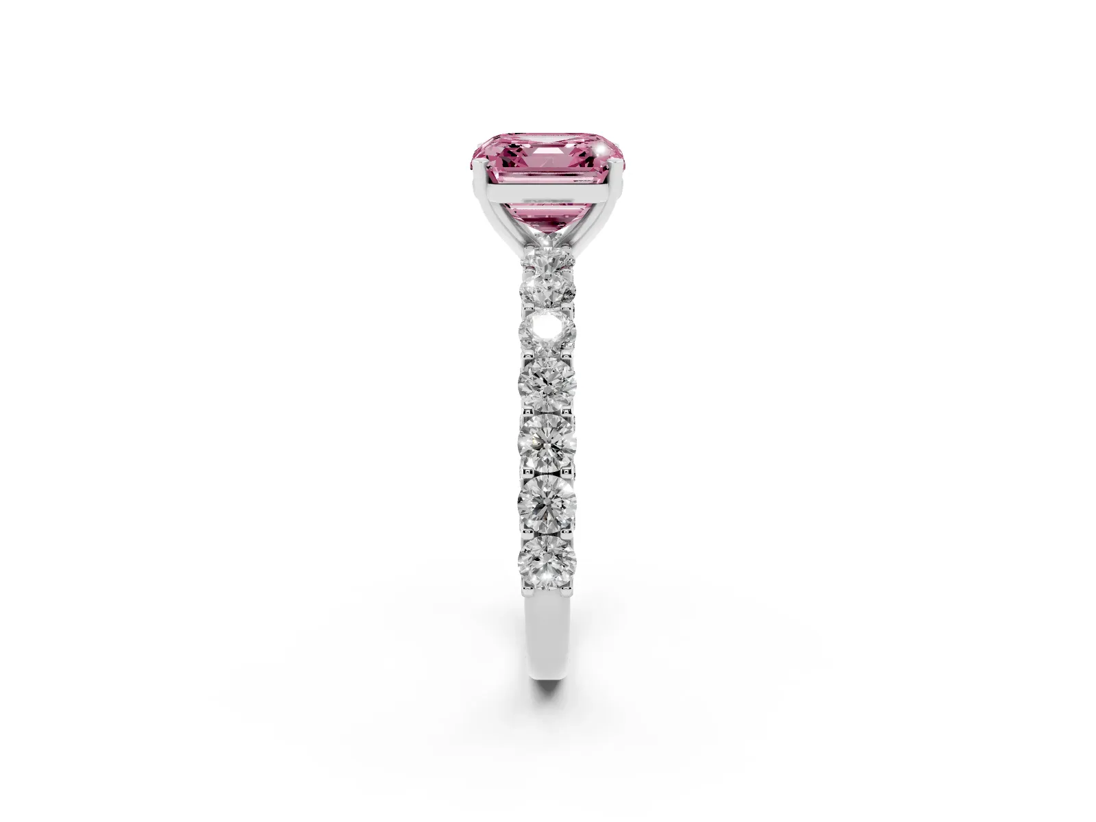 Fancy Pink Asscher Cut Diamond Solitaire Ring with Shared Prong Pavé Band and Four-Prong Setting White gold