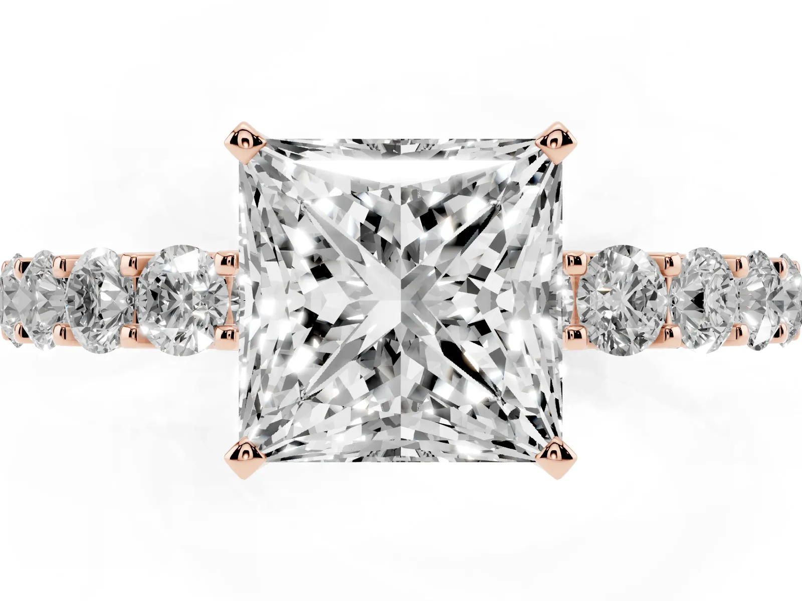 Princess Cut Diamond Solitaire Ring with Shared Prong Pavé Band and Four-Prong Setting Rose gold