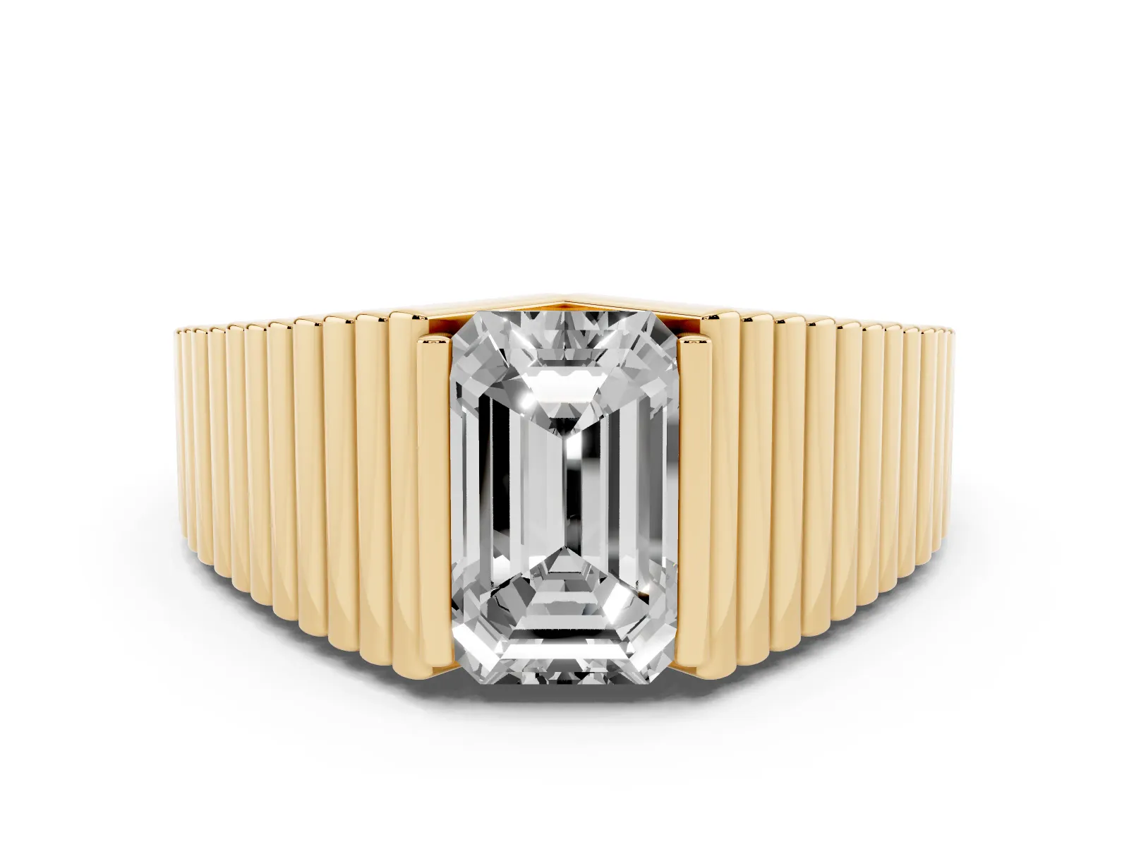 Emerald Cut Diamond Fluted Mens Ring Yellow gold