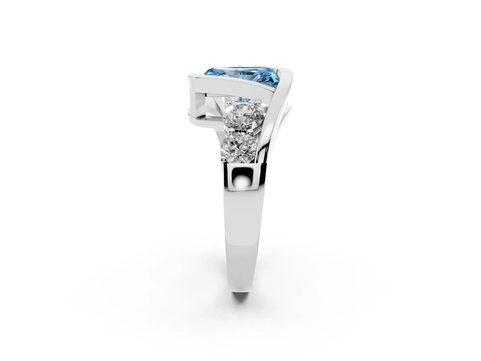 Fancy Blue Bezel Set Radiant Cut Diamond Bypass Ring with Round Accents White gold