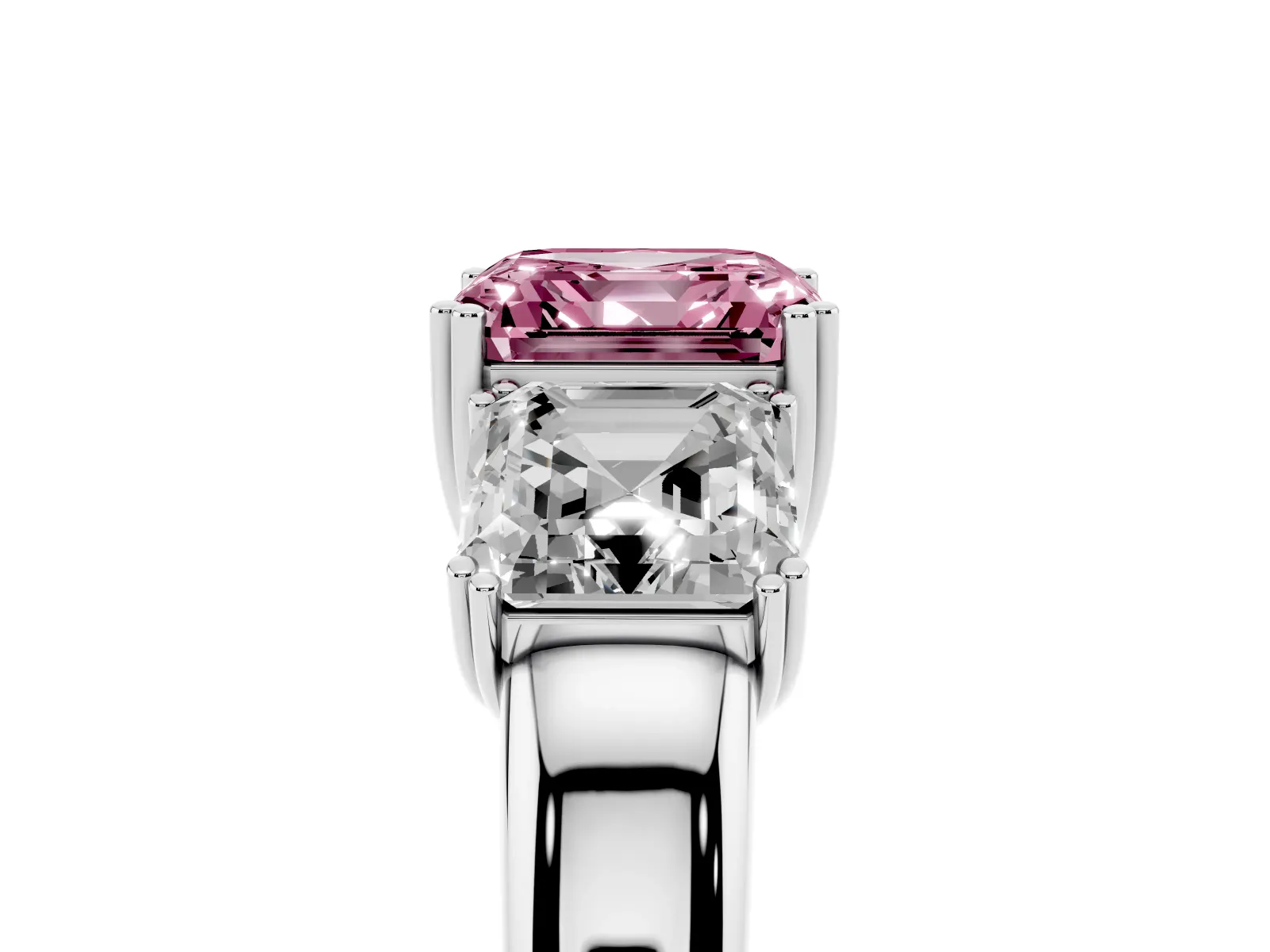 Fancy Pink Three-Stone Asscher Cut Cut Diamond Ring with Channel Set Band and Four-Prong Setting White gold