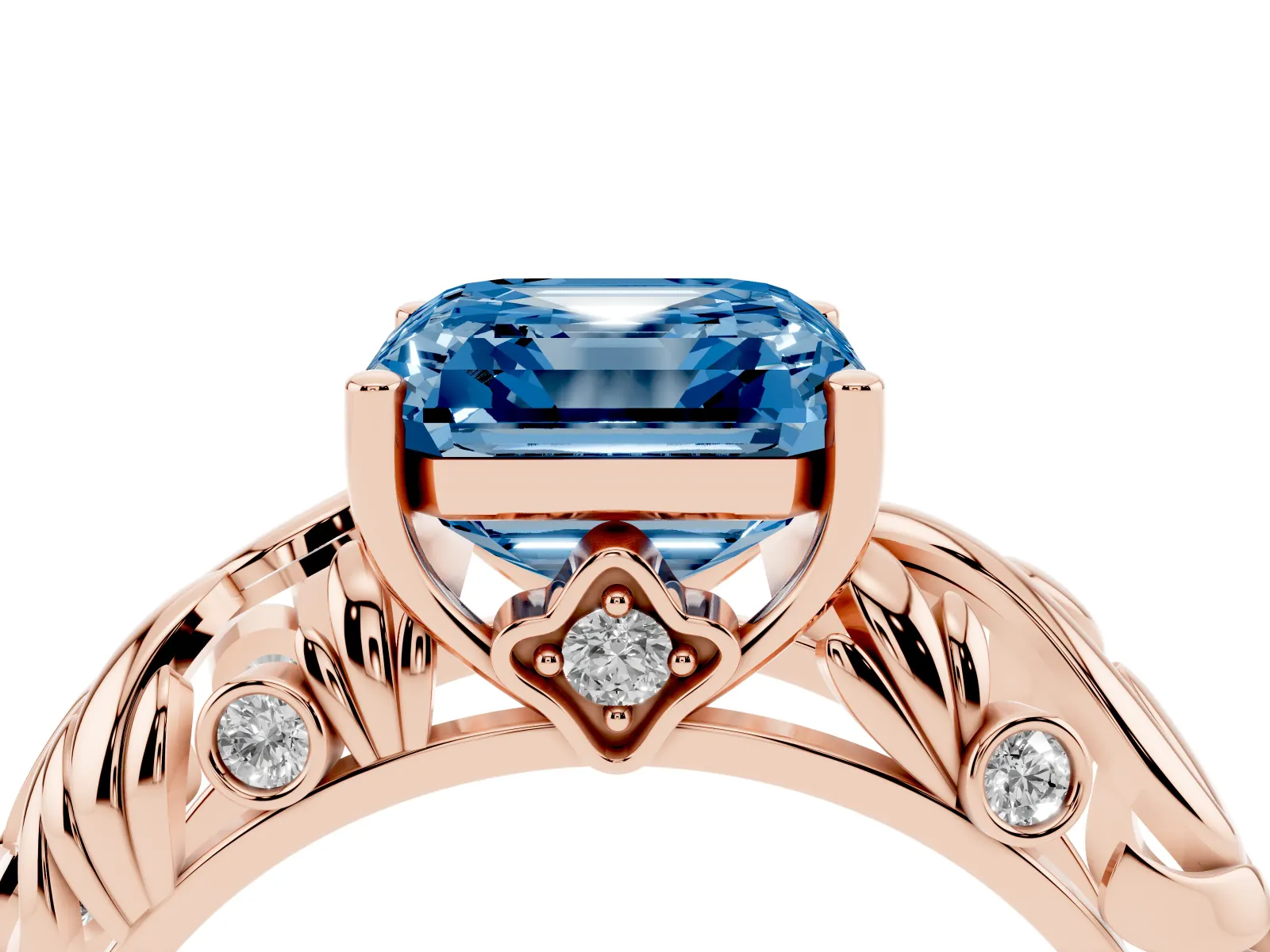 Fancy Blue Asscher Cut Solitaire Diamond Leaf-Inspired Vine Band Ring with Prong Setting Rose gold
