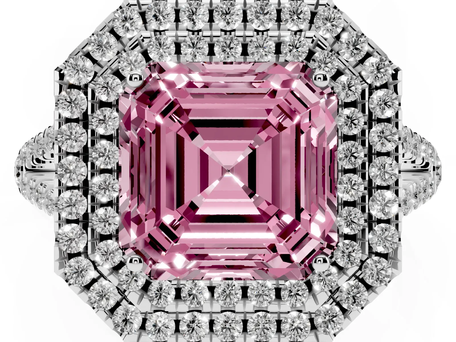 Fancy Pink Asscher Cut Diamond Double Halo Ring with Pavé Band and Prong Setting Platinum