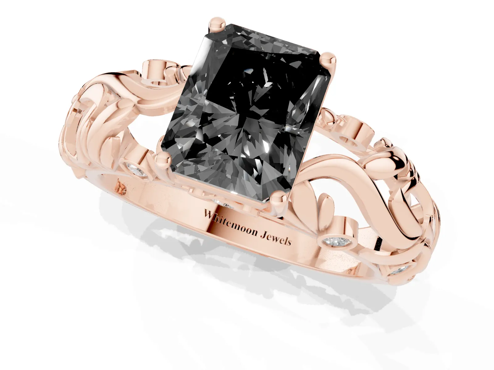 Fancy Black Radiant Cut Solitaire Diamond Leaf-Inspired Vine Band Ring with Prong Setting Rose gold