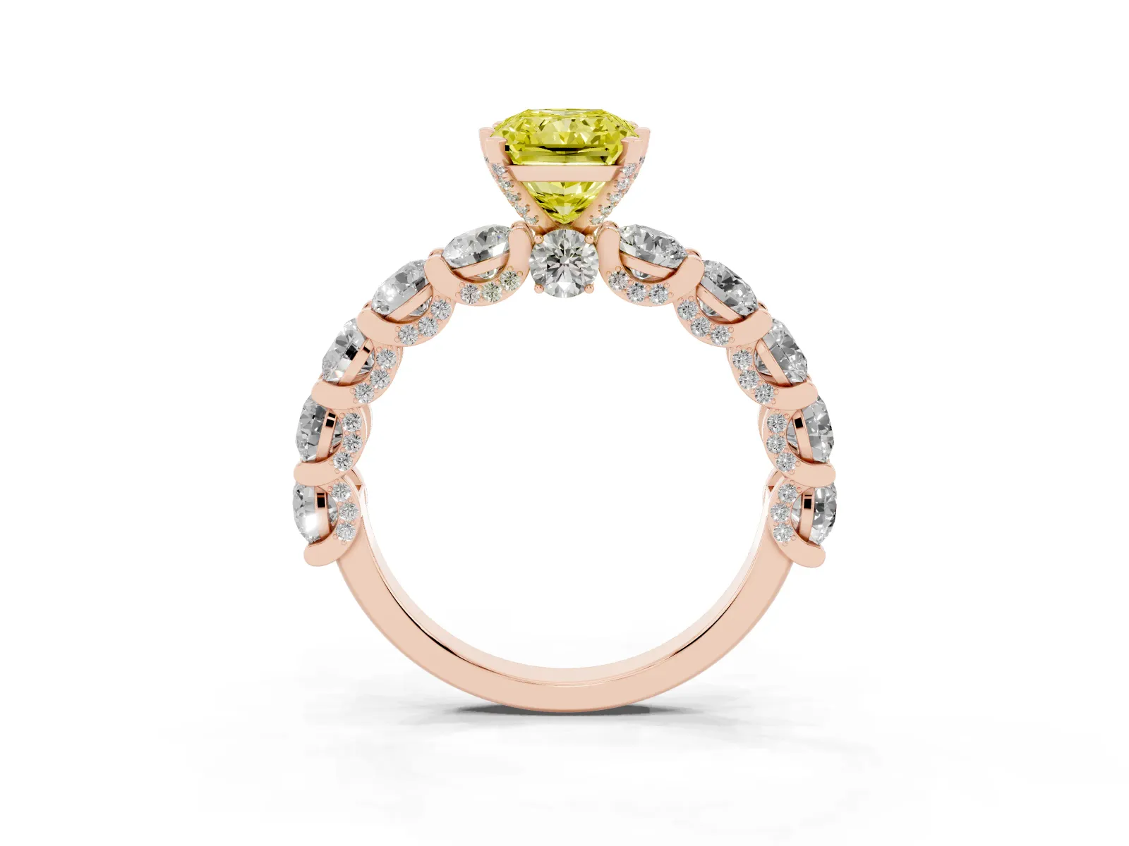 Fancy Yellow Radiant Cut Diamond Side Stone Engagement Ring with Four-Prong Setting Rose gold