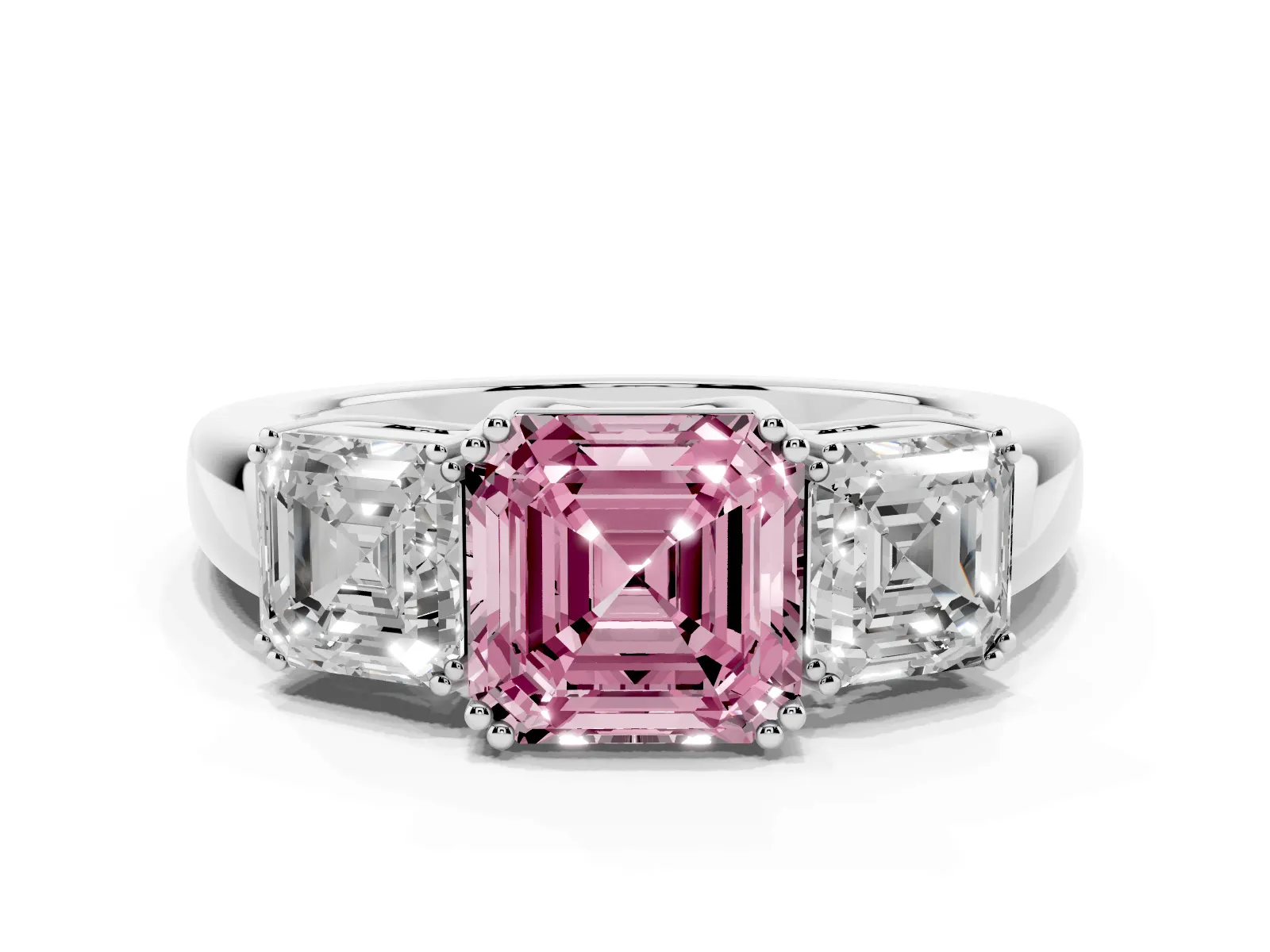 Fancy Pink Three-Stone Asscher Cut Cut Diamond Ring with Channel Set Band and Four-Prong Setting White gold