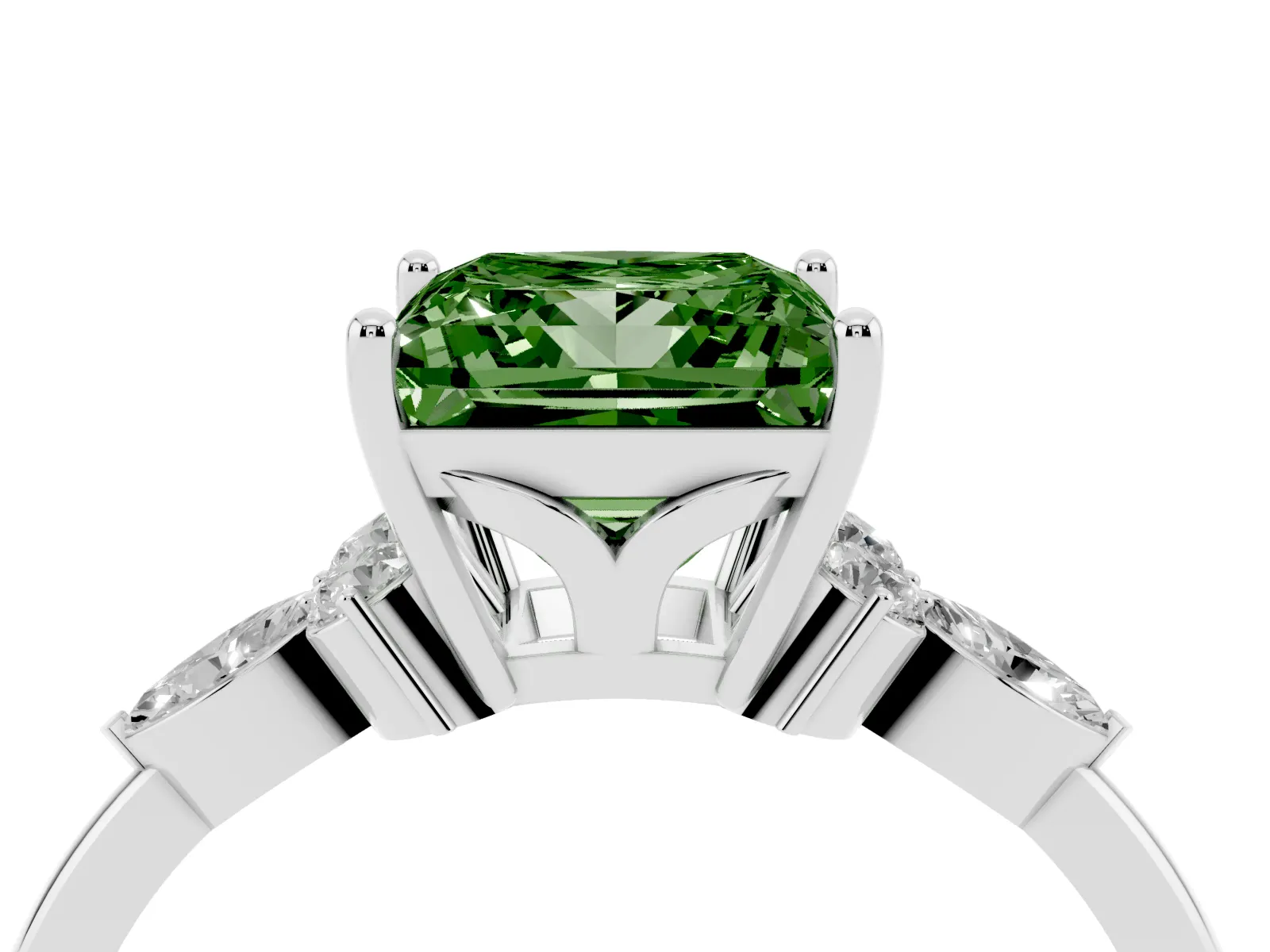 Fancy Green Princess Cut Brilliant Diamond Solitaire Ring with Pear Side Stones and Four-Prong Setting Platinum