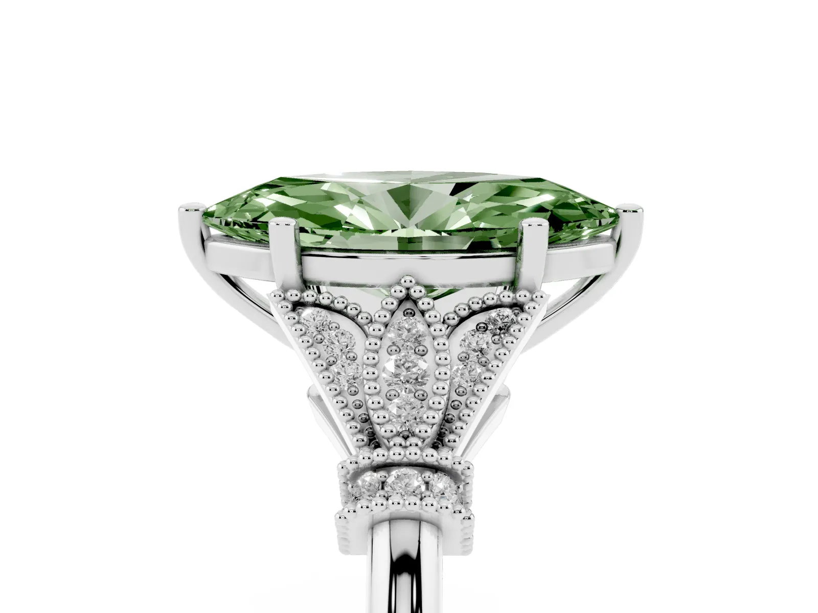 Fancy Green Marquise Cut Diamond Solitaire Ring with Floral Filigree and Pave Accents Platinum