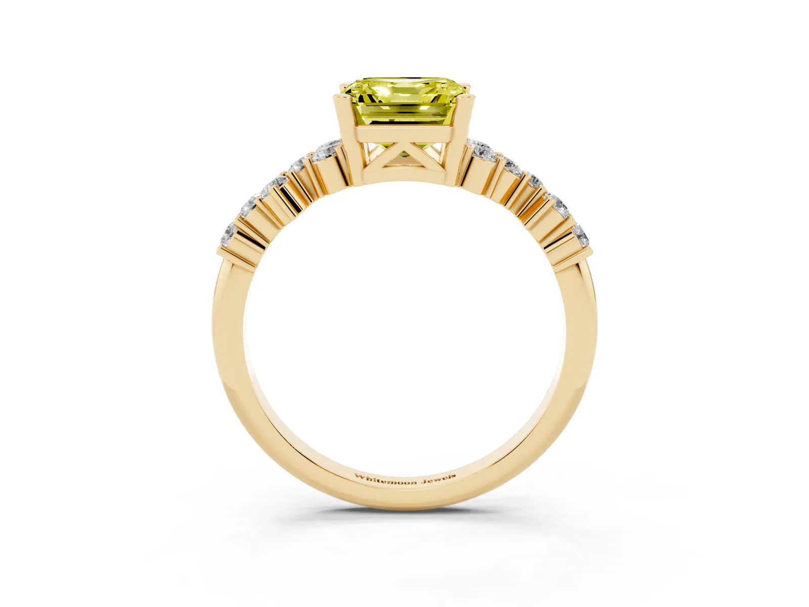 Fancy Yellow Asscher Cut Diamond Scattered Round Accent Ring with Prong Setting Yellow gold