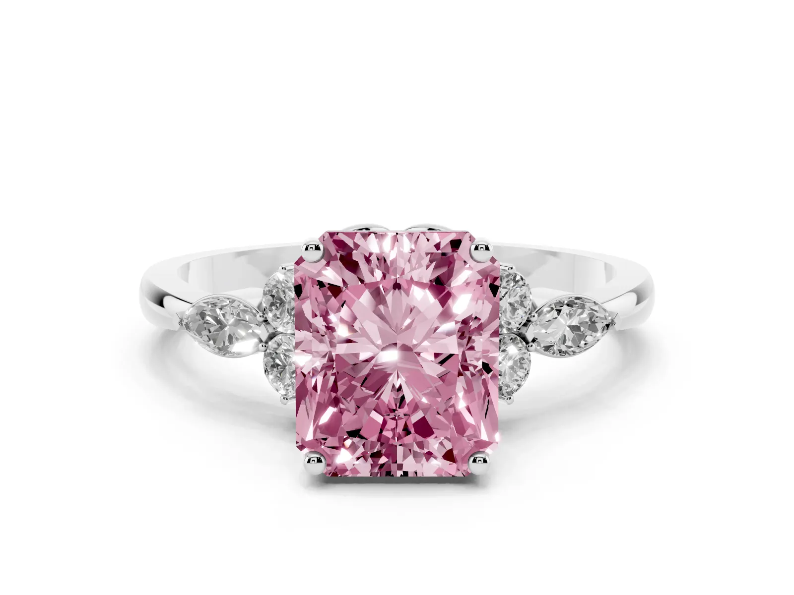 Fancy Pink Radiant Cut Brilliant Diamond Solitaire Ring with Pear Side Stones and Four-Prong Setting White gold