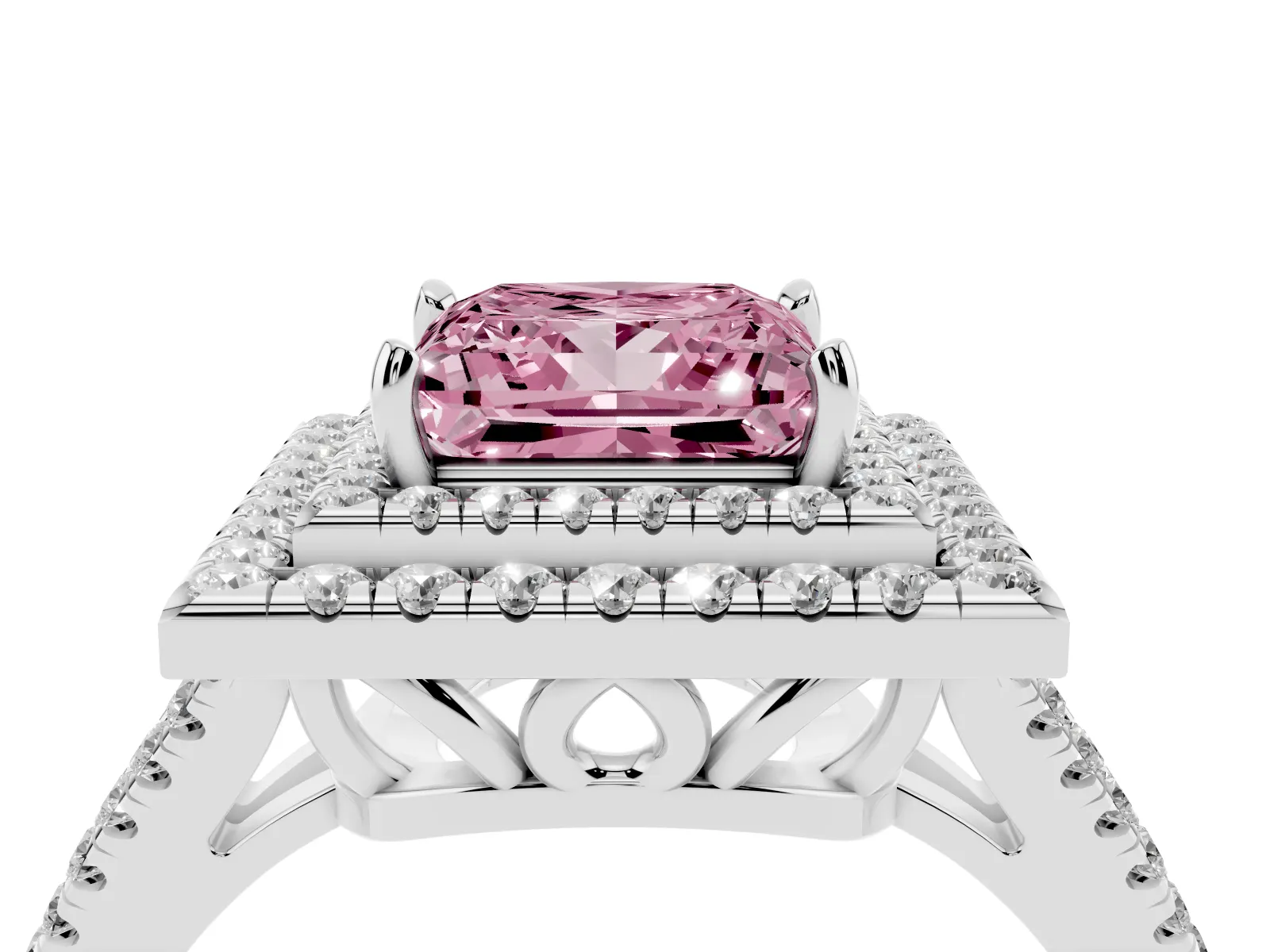 Fancy Pink Princess Cut Diamond Double Halo Ring with Pavé Band and Prong Setting Platinum