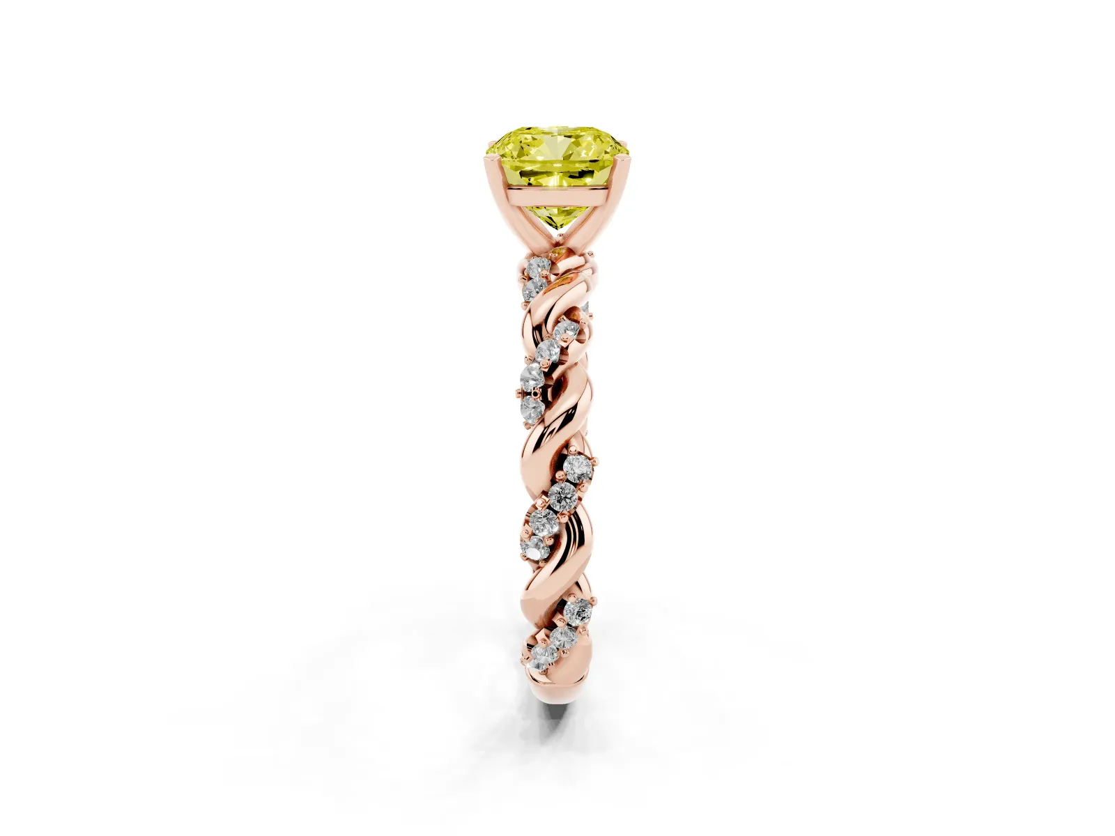 Fancy Yellow Cushion Cut Diamond Solitaire Ring with Twisted Band and Pavé Accents Rose gold