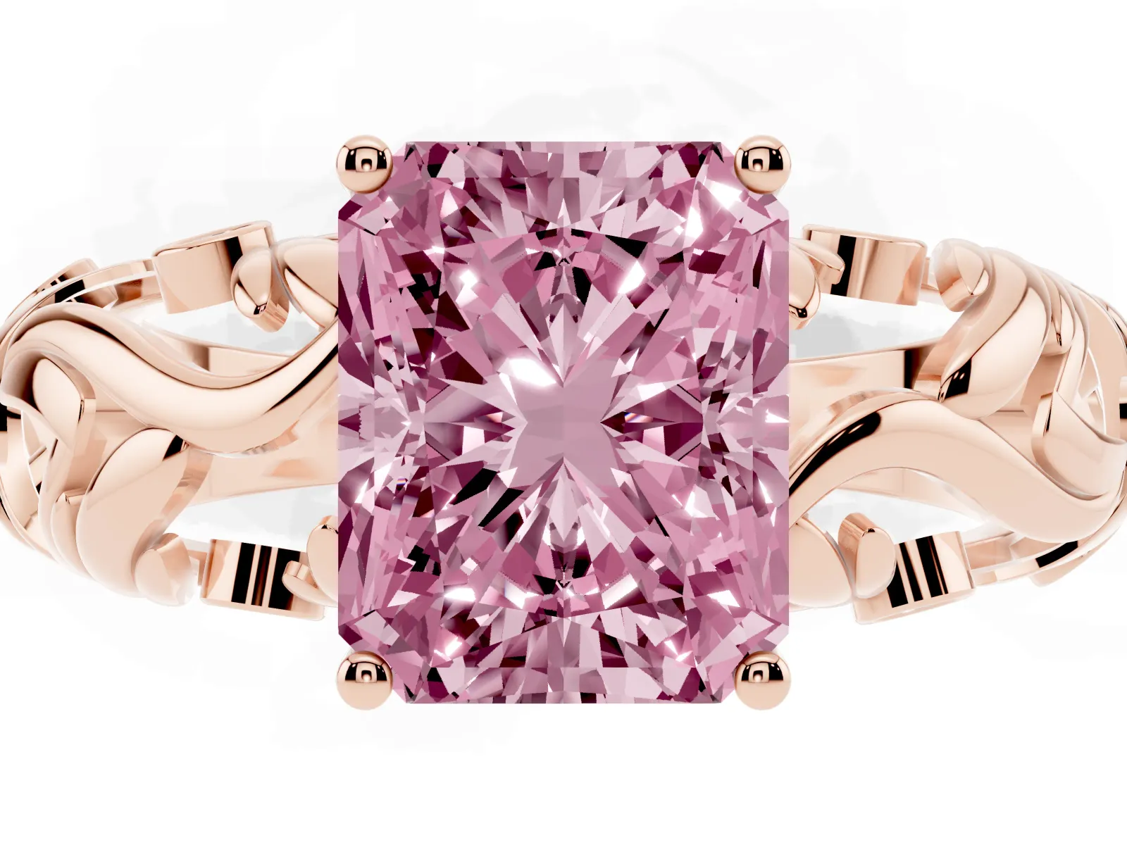 Fancy Pink Radiant Cut Solitaire Diamond Leaf-Inspired Vine Band Ring with Prong Setting Rose gold