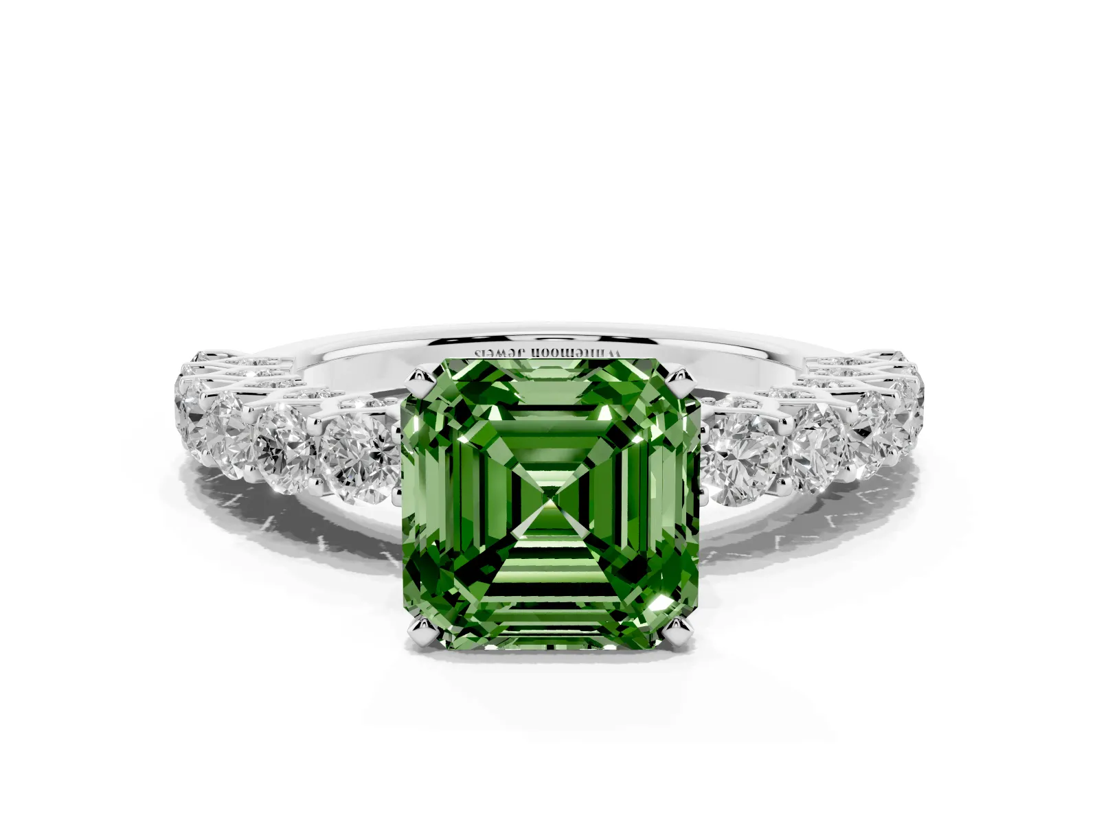 Fancy Green Asscher Cut Diamond Solitaire Ring with Shared Prong Pavé Band and Four-Prong Setting White gold