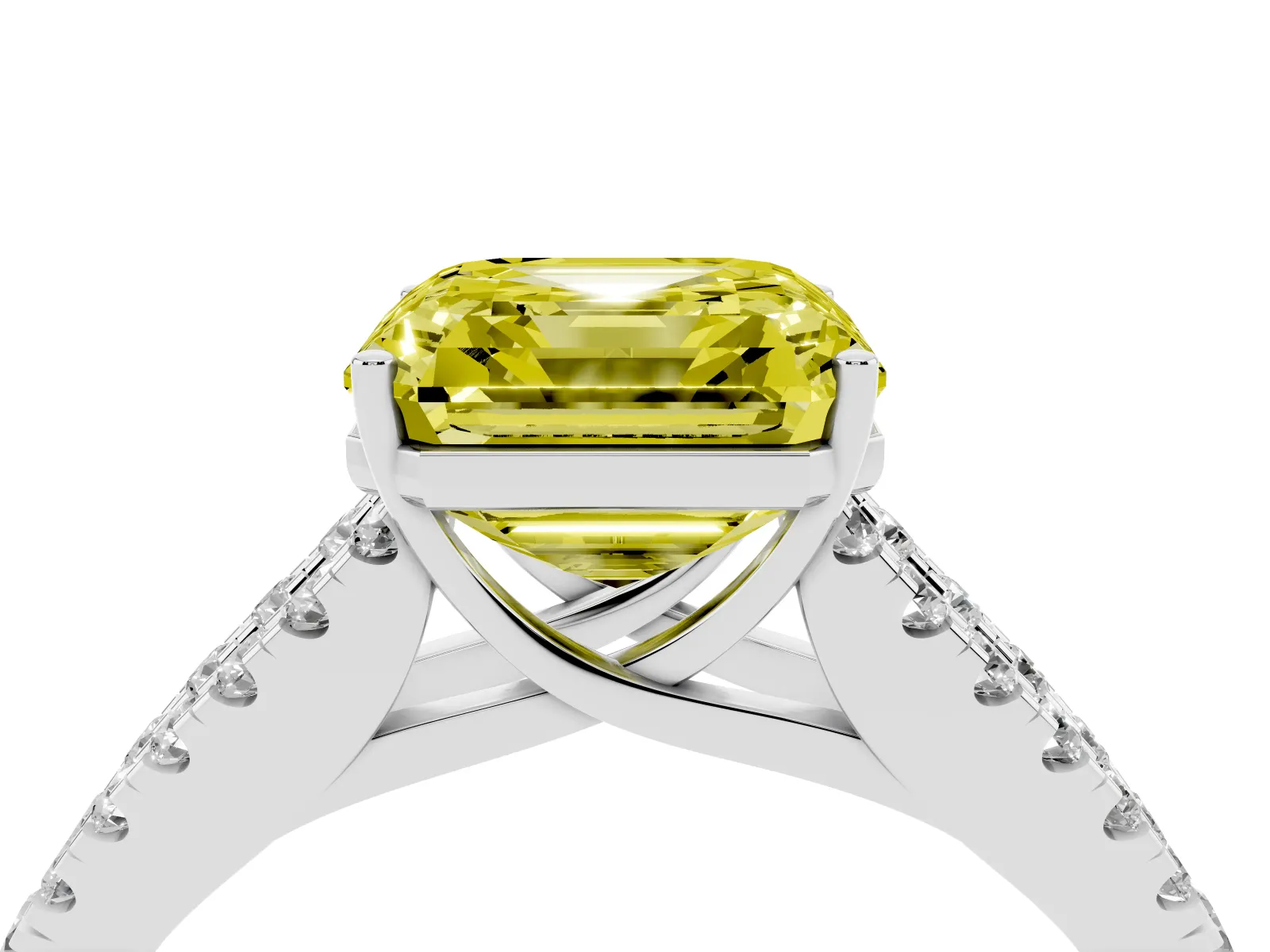 Fancy Yellow Asscher Cut Diamond Split Shank Engagement Ring with Round Pavé and Prong Setting White gold
