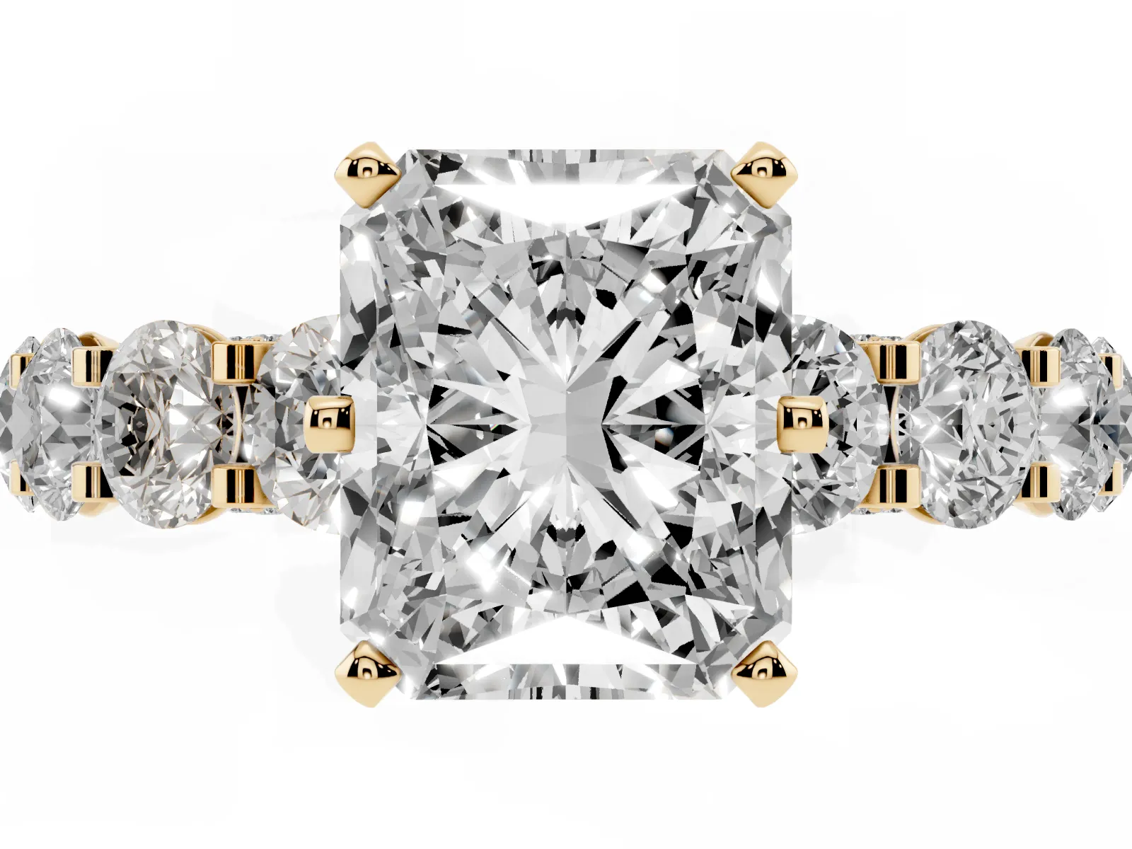 Radiant Cut Diamond Side Stone Engagement Ring with Four-Prong Setting Yellow gold