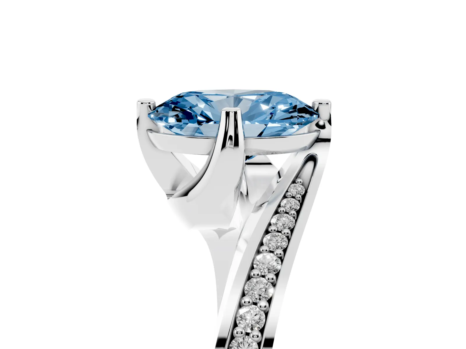 Fancy Blue Oval Cut Solitaire Diamond Twist Band with Pavé Setting and Four-Prong Setting Platinum