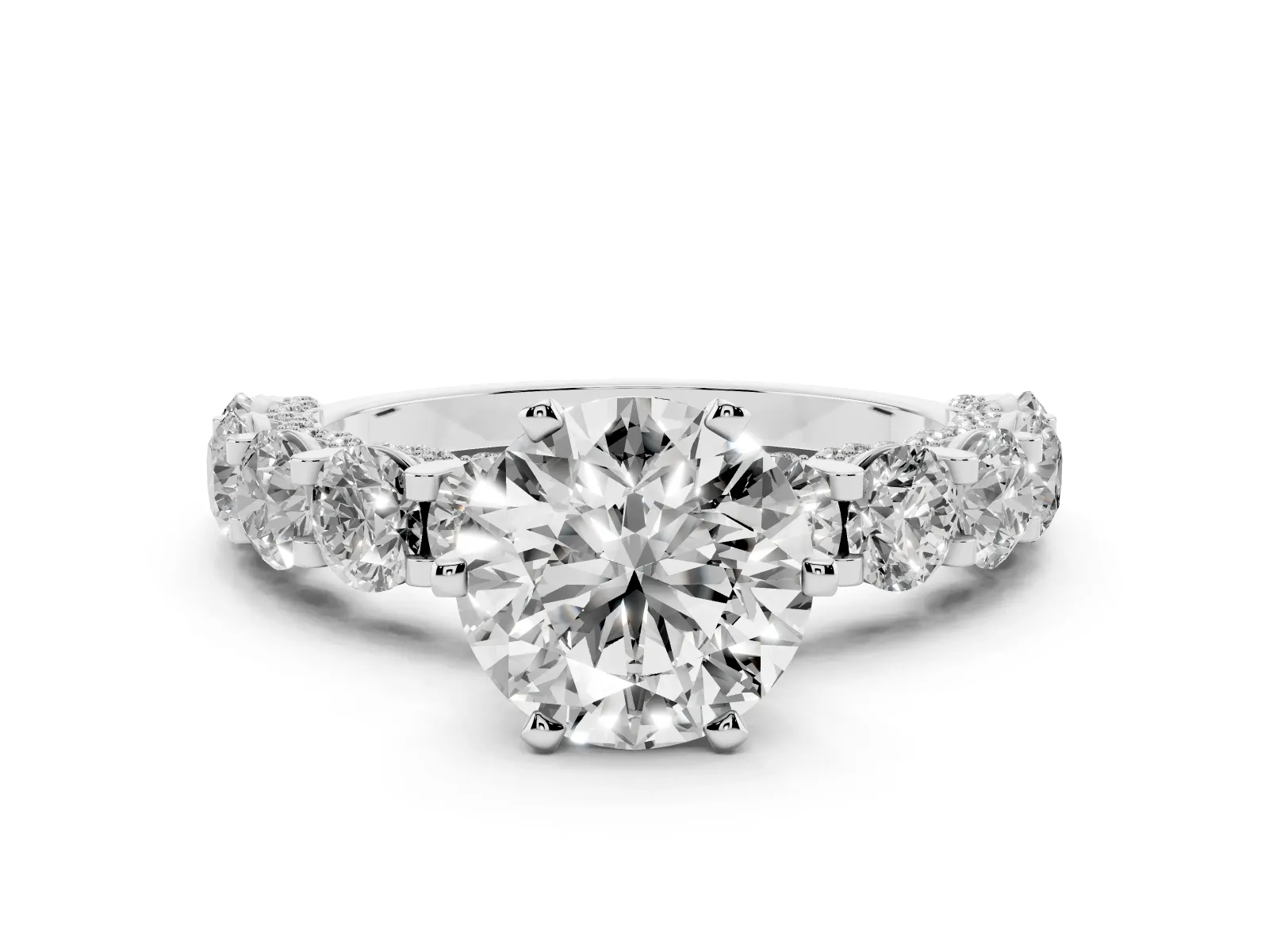 Round Cut Diamond Side Stone Engagement Ring with Four-Prong Setting Platinum