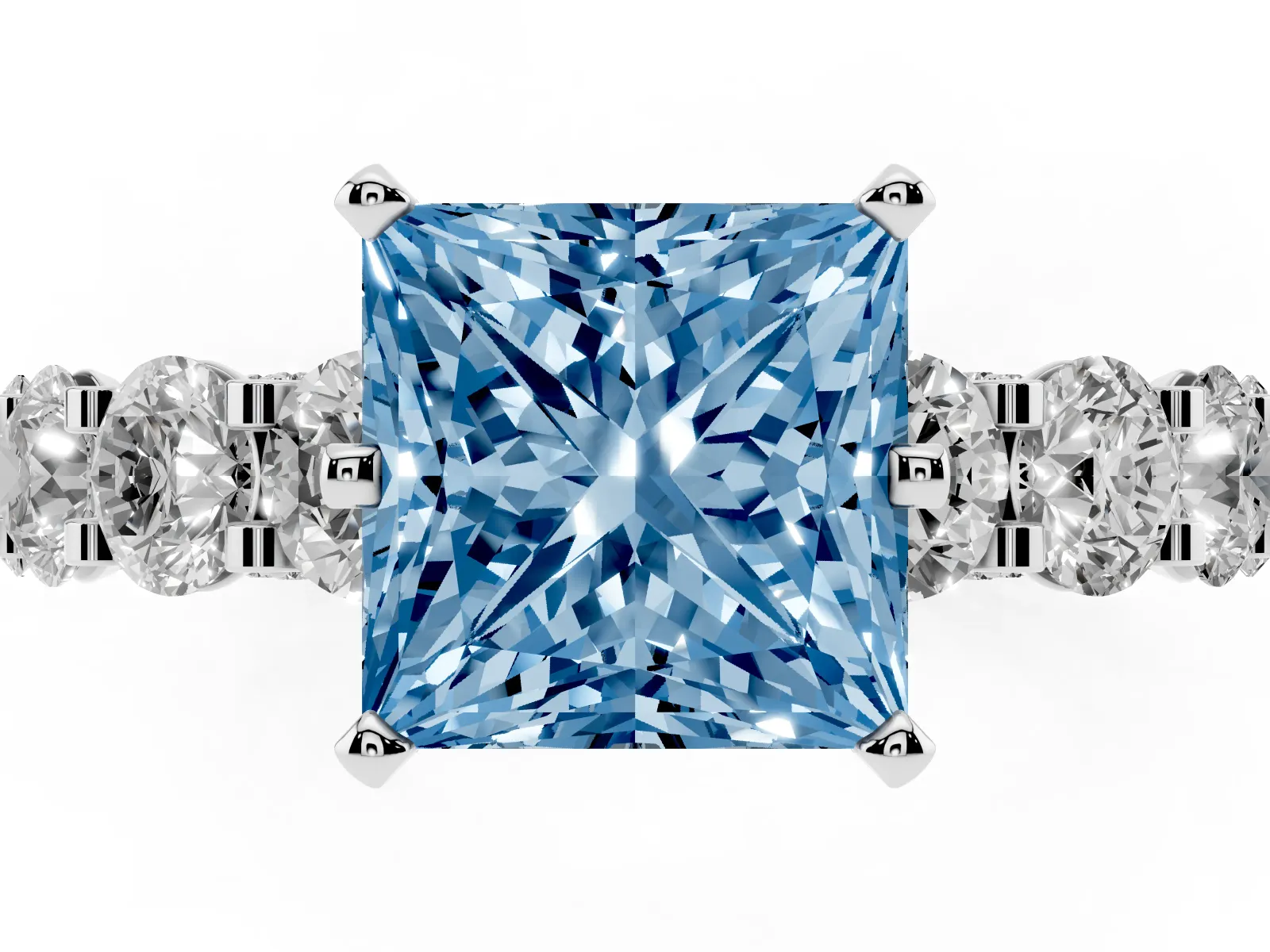 Fancy Blue Princess Cut Diamond Side Stone Engagement Ring with Four-Prong Setting Platinum