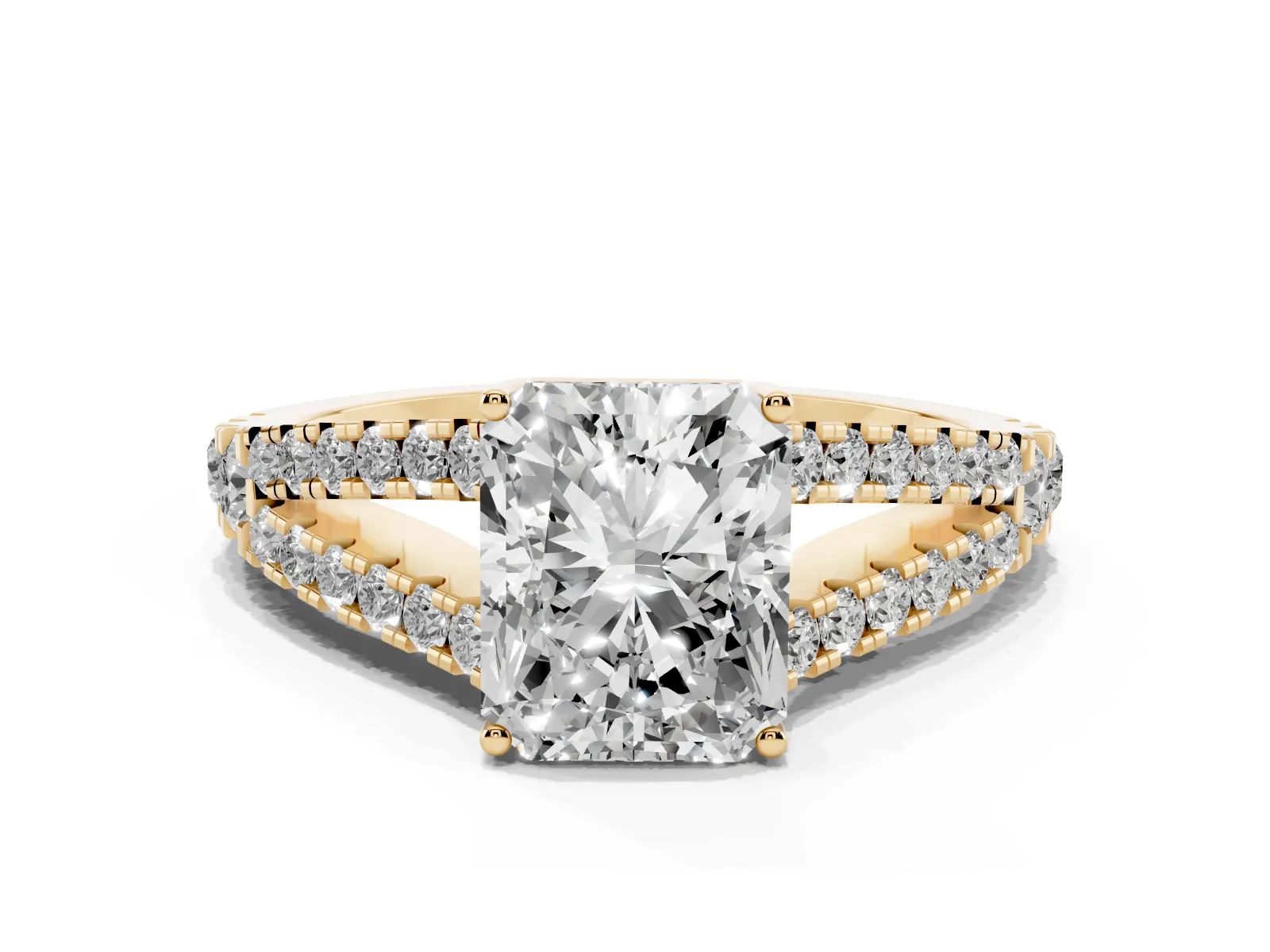 Radiant Cut Diamond Split Shank Engagement Ring with Round Pavé and Prong Setting Yellow gold
