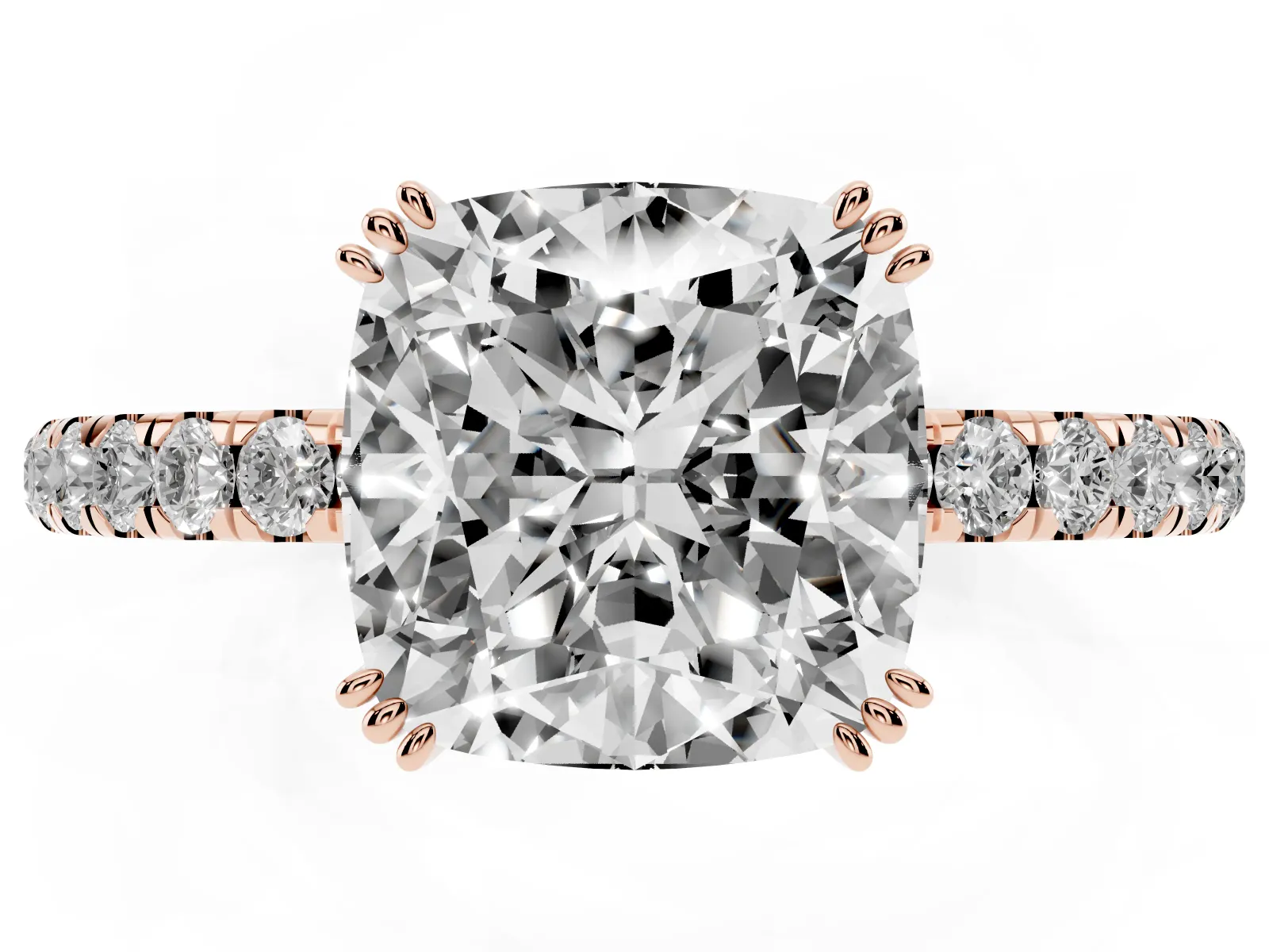 Cushion Cut Brilliant Solitaire with Pavé Band and Claw Prong Setting Rose gold