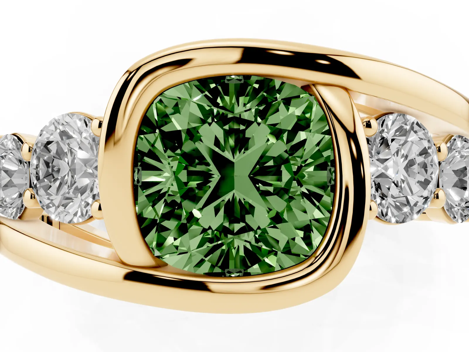 Fancy Green Bezel Set Cushion Cut Diamond Bypass Ring with Round Accents Yellow gold