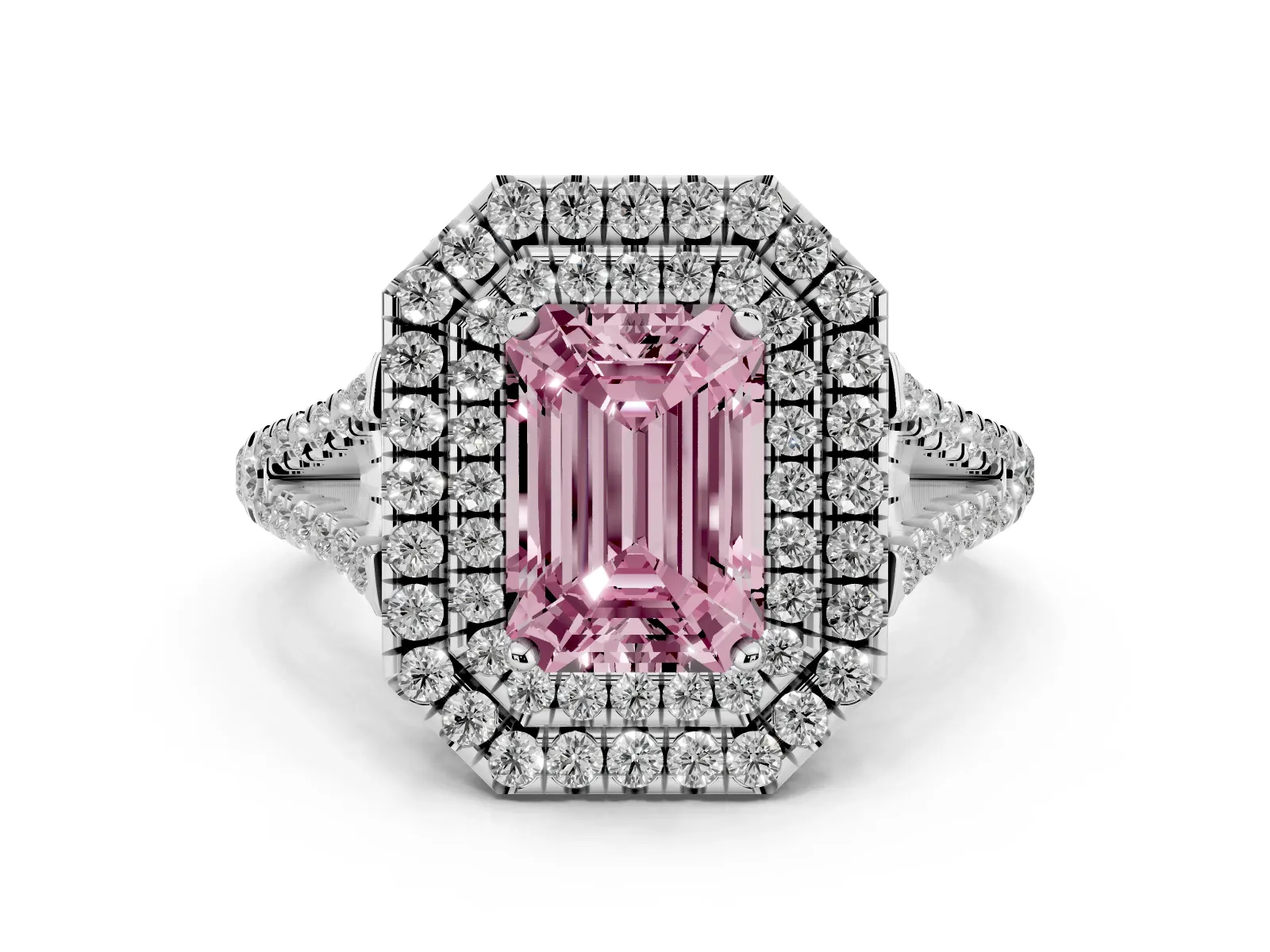 Fancy Pink Emerald Cut Diamond Double Halo Ring with Pavé Band and Prong Setting Platinum
